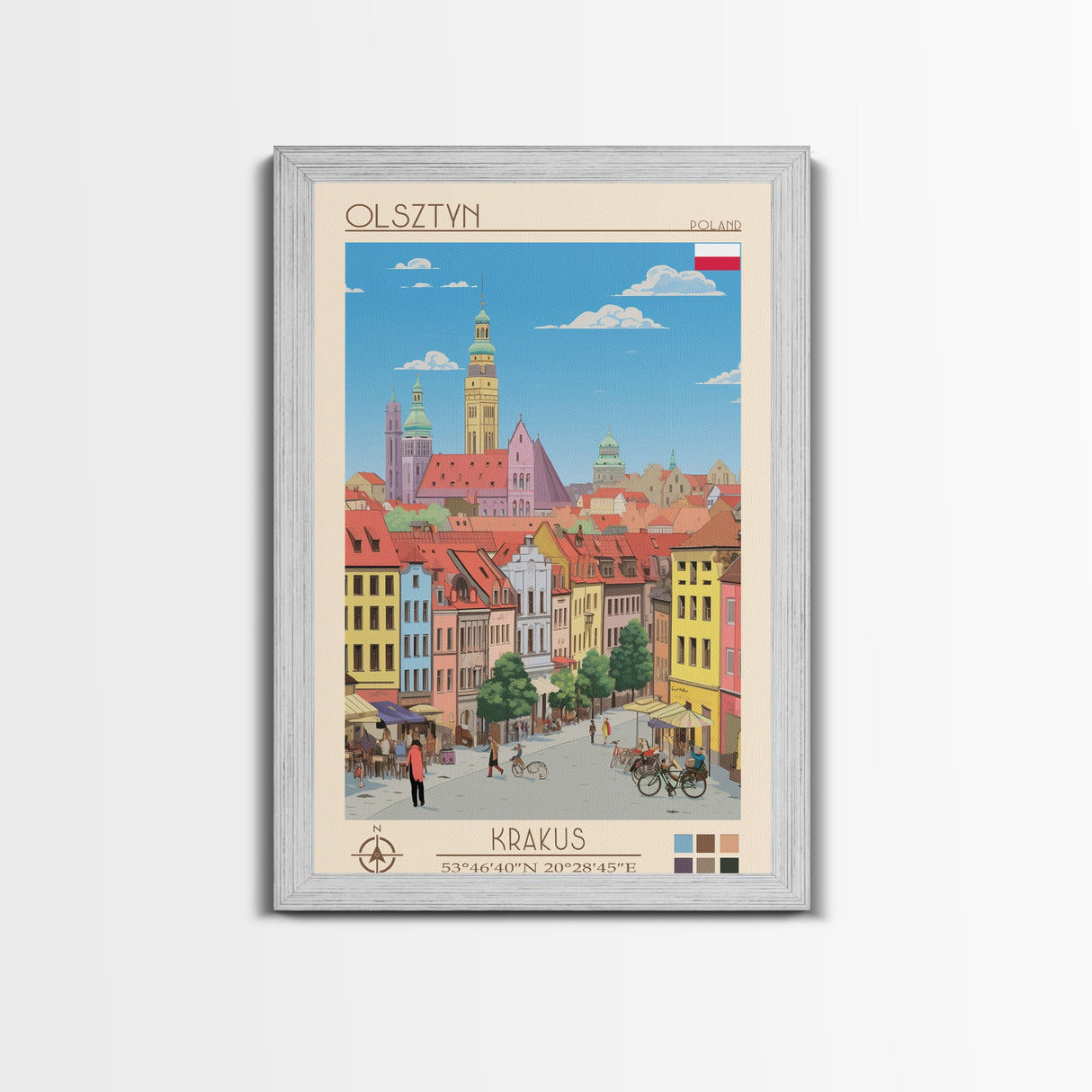 Olsztyn Poland Travel Poster Framed Canvas Print, Midcentury Modern Art, Pop Art Wall Decor, Scenic Wall Art, Bedroom Decoration