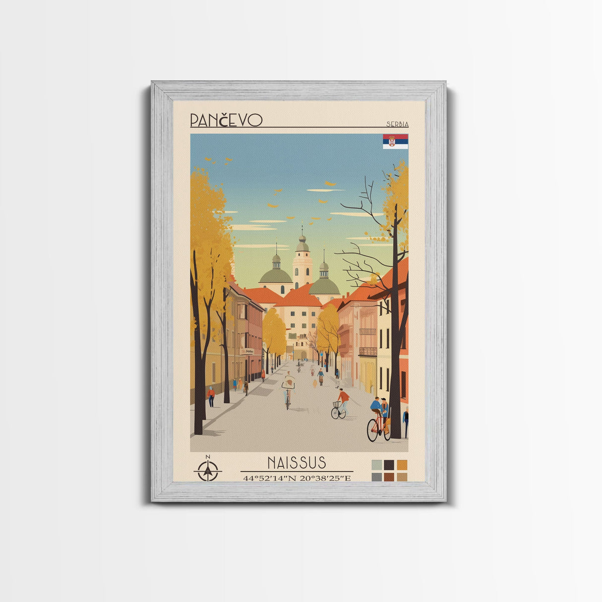 Pančevo Serbia Travel Poster Framed Canvas Print, Midcentury Modern Art, Pop Art Wall Decor, Scenic Wall Art, Living Room Decoration, Office Art