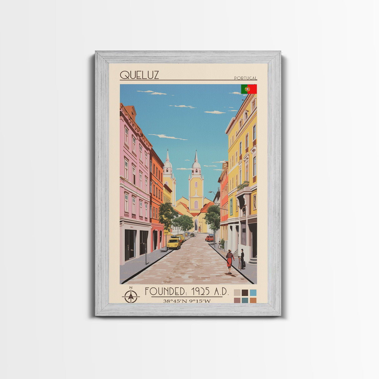 Queluz Portugal Travel Poster Framed Canvas Print, Midcentury Modern Art, Pop Art Wall Decor, Scenic Bedroom Art, Office Decoration
