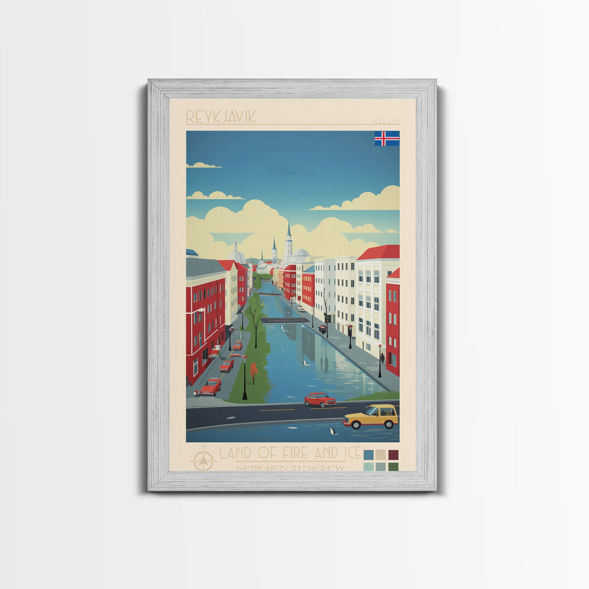 Reykjavik Iceland Travel Poster Framed Canvas Print, Midcentury Modern Art, Pop Art Wall Decor, Scenic Wall Art, Bedroom Decoration
