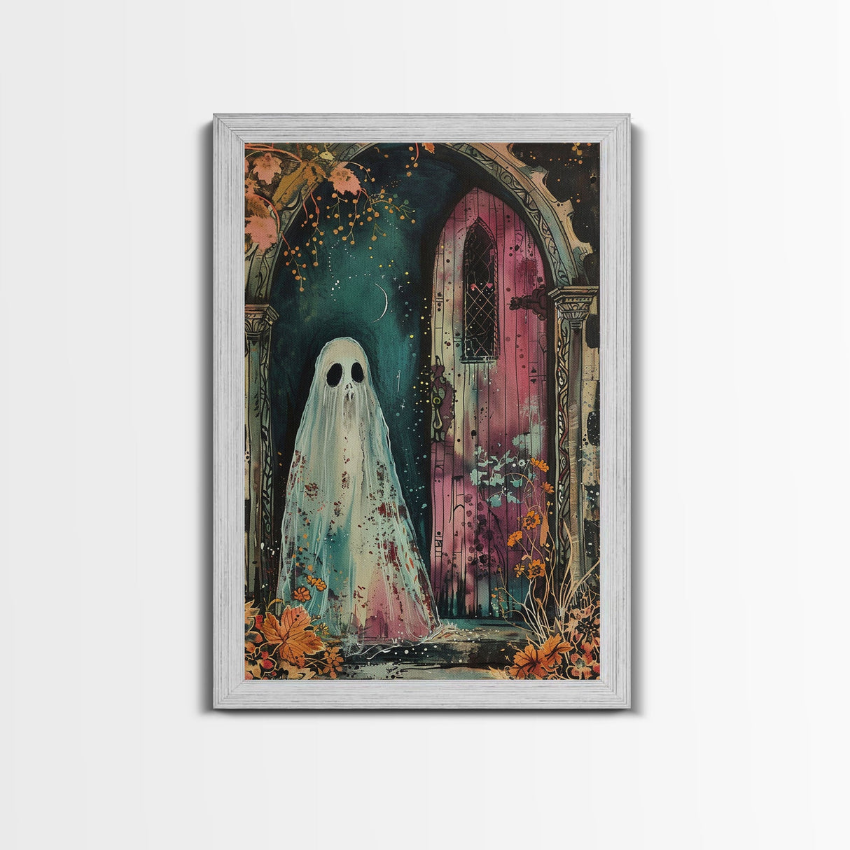 Ghostly Figure at Haunted Door Framed Canvas Print, Halloween Spirit Decor, Spooky Ghost Art, Haunted House Wall Art, Creepy Ghostly Print