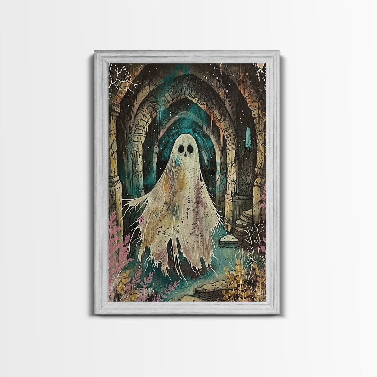 Ghostly Figure in Ancient Ruins Framed Canvas Print, Haunted Ruins Decor, Halloween Ghost Art, Eerie Ghostly Wall Art, Spooky Ghost Print