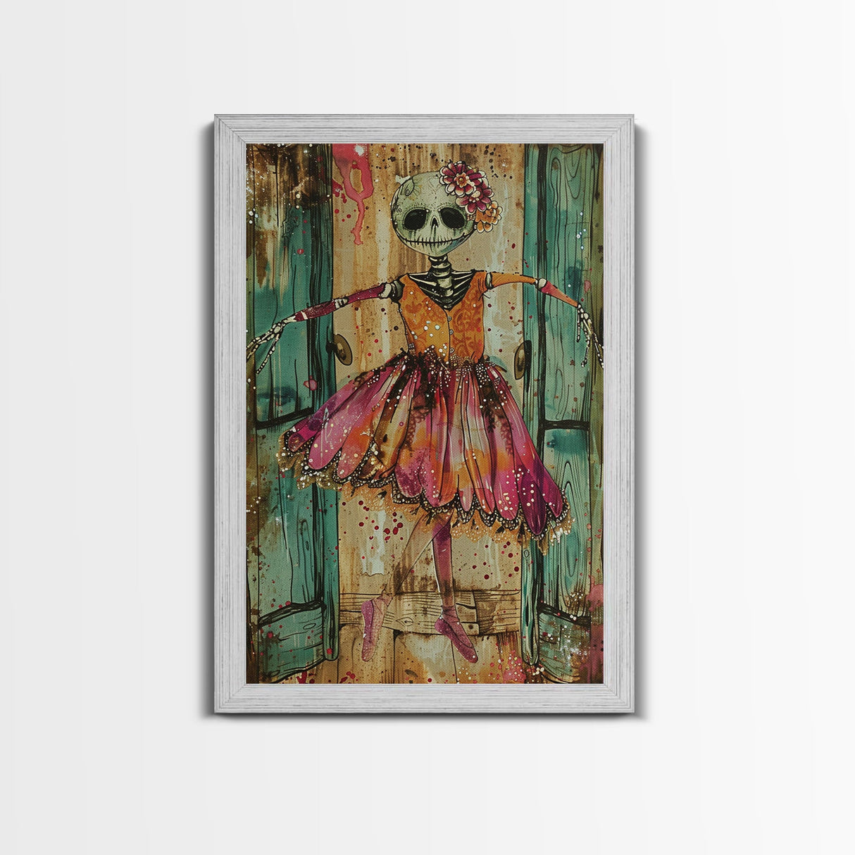 Spooky Skeleton Ballerina, Framed Canvas Print, Halloween Wall Art