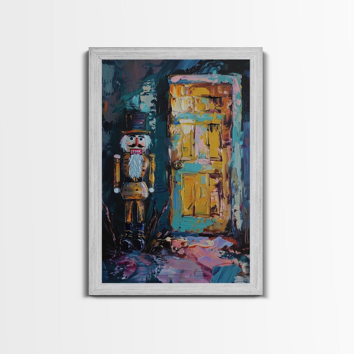 Nutcracker at Spooky Door Framed Canvas Print, Haunted Nutcracker Decor, Halloween Toy Art, Eerie Door Wall Art, Creepy Nutcracker Print
