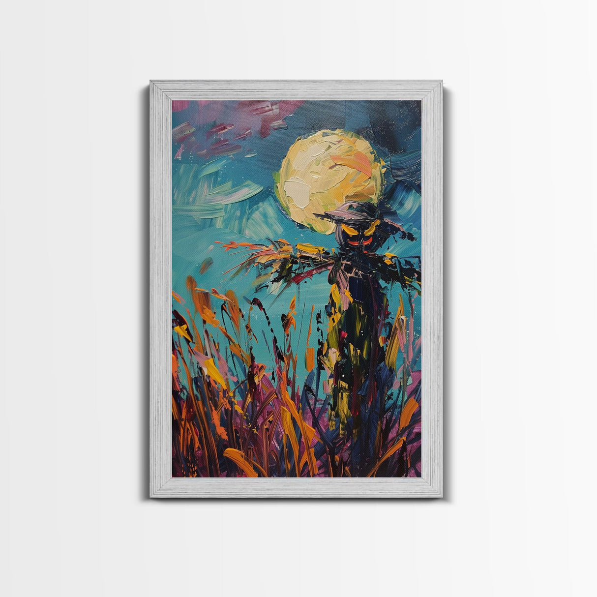 Halloween Spooky Scarecrow Under Full Moon Framed Canvas Print, Haunted Field Wall Art, Home Decor, Seasonal Decor, Gift Idea, Harvest Night