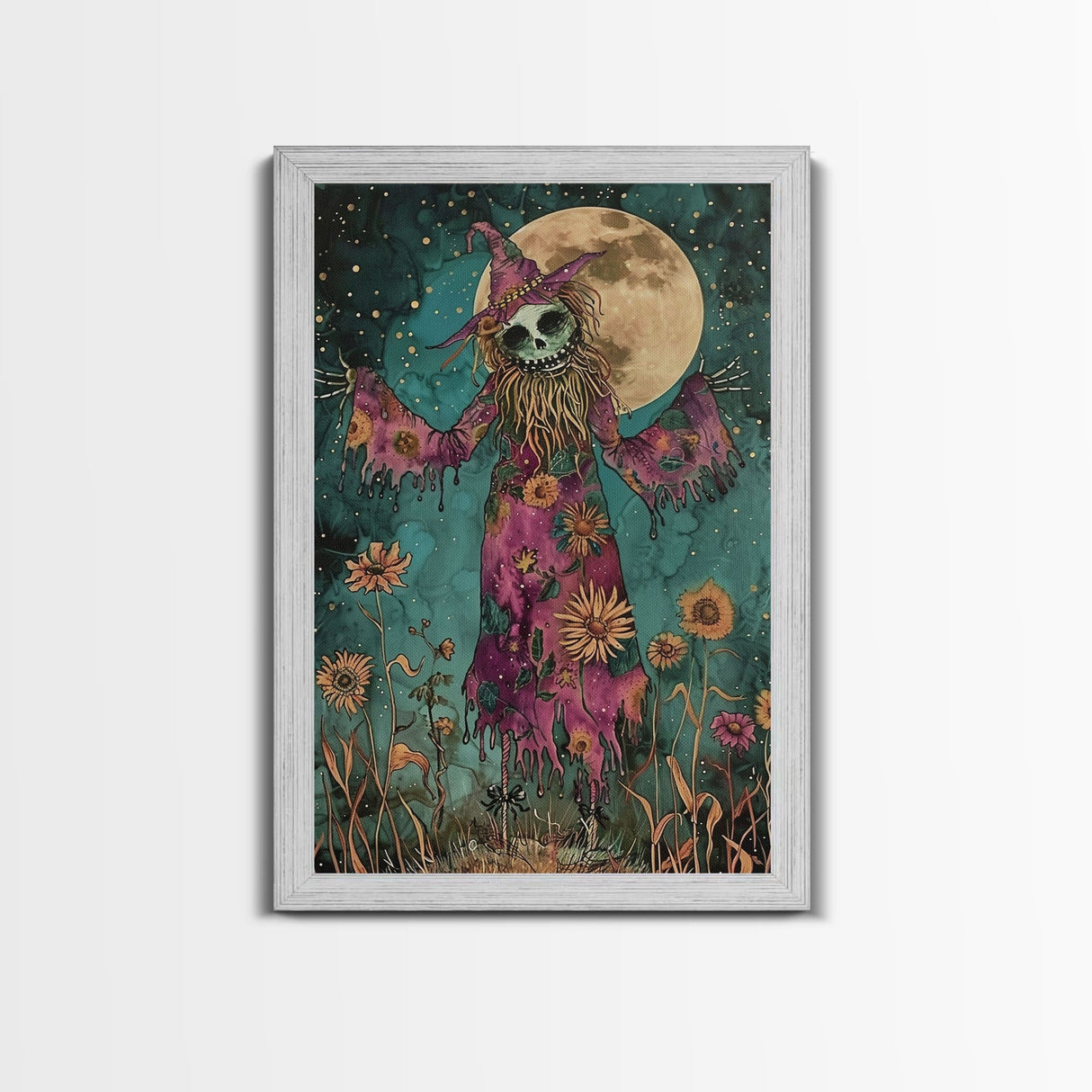 Halloween Creepy Scarecrow with Glowing Pumpkin Head Framed Canvas Print Haunted Harvest Wall Art Home Decor, Decor, Gift Idea, Spooky Vibes