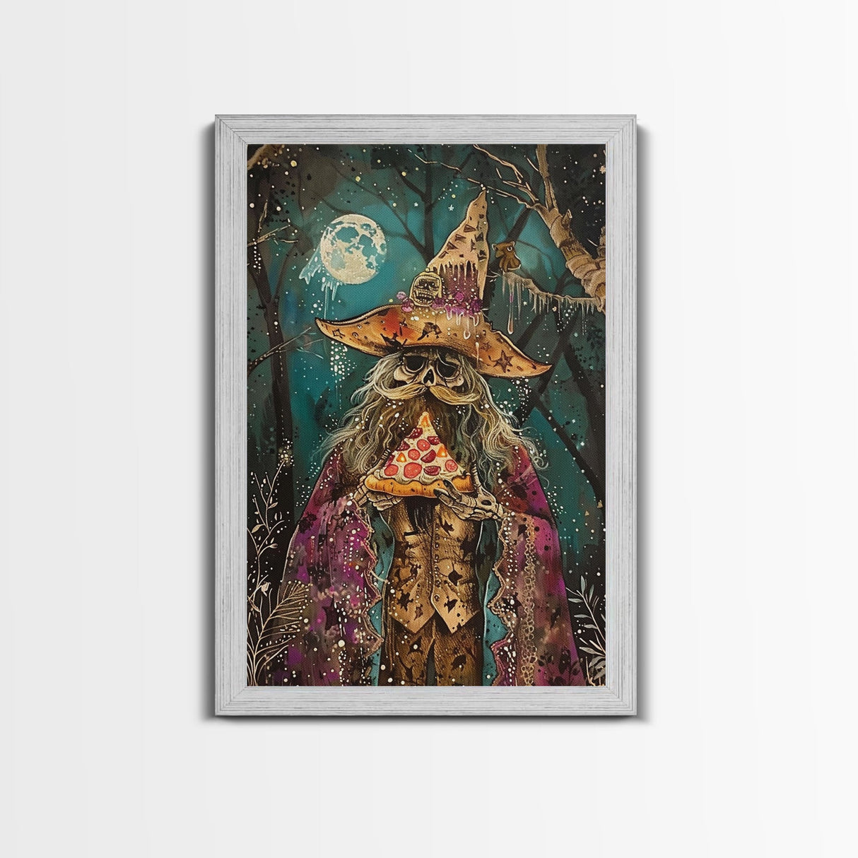 Ghostly Wizard Having A Slice of Pizza, Funny Halloween Decor, Framed Canvas Print