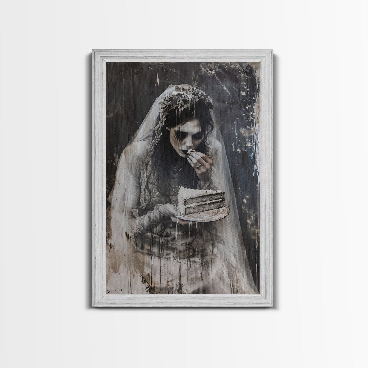 Melancholic Ghost Bride Having A Slice of Birthday Cake, Framed Canvas Print, Halloween Decor