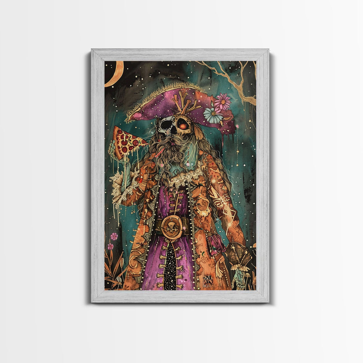 Halloween Pirate Skeleton with Pizza Framed Canvas Print, Spooky Decor, Living Room Art, Fun Halloween Wall Art Home Decor Vintage Style Art