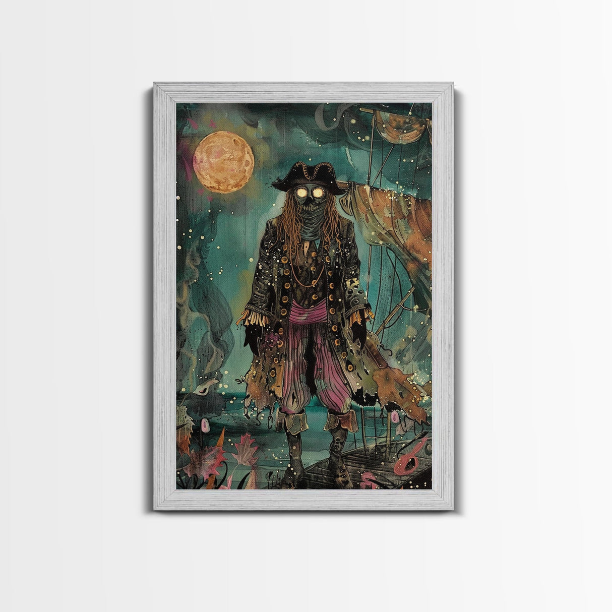 Halloween Ghost Pirate Under Full Moon Framed Canvas Print, Spooky Decor, Living Room Art, Nautical Halloween Wall Art, Home Decoration