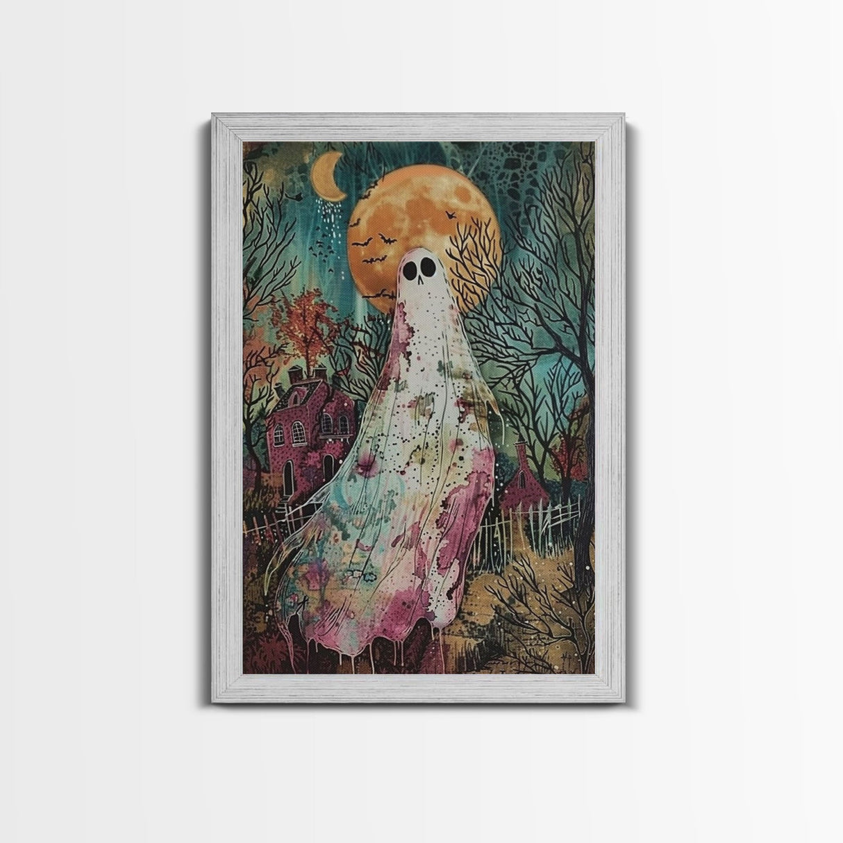 Halloween Ghost in Haunted Forest Framed Canvas Print, Spooky Decor, Living Room Art, Creepy Halloween Wall Art, Home Decoration