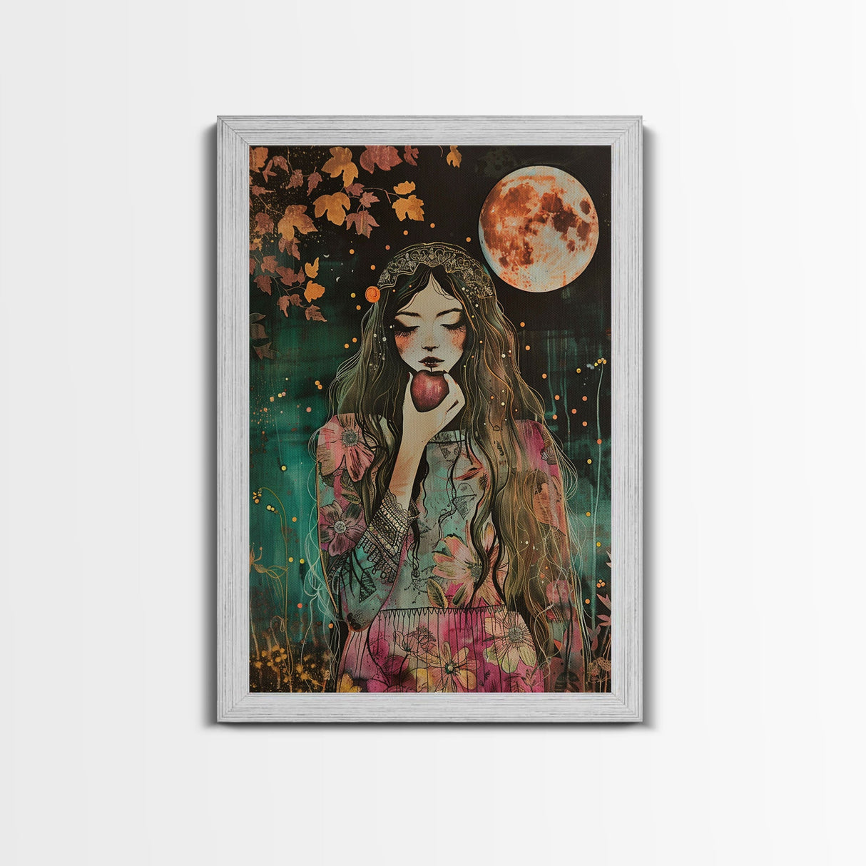 Ghostly Witch With Red Apple, Framed Canvas Print, Wall Art, Spooky Decor, Halloween Decoration, Living Room Art, Unique Gift