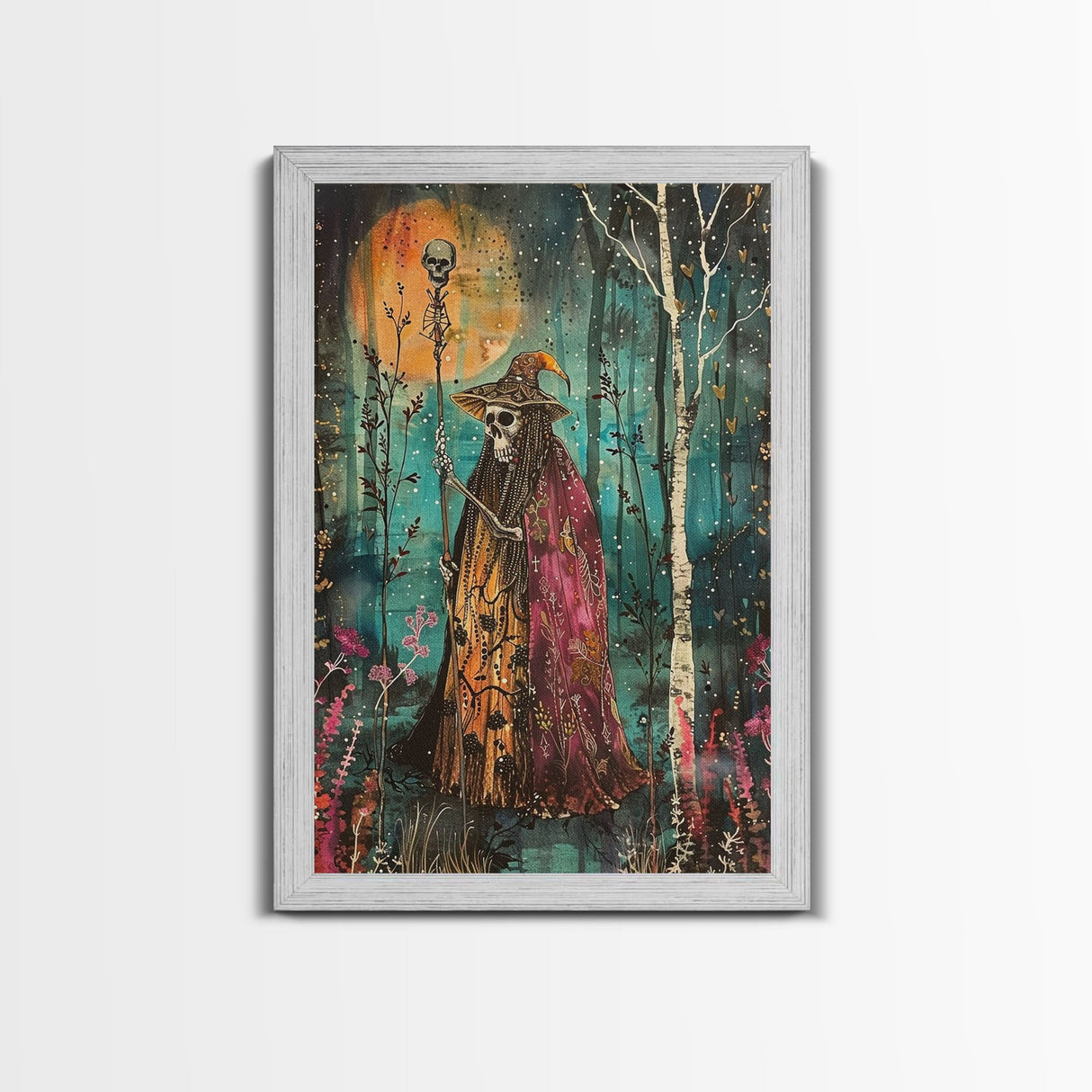 Halloween Skeleton with Spider Webs, Framed Canvas Print, Wall Art, Spooky Decor, Halloween Decoration, Living Room Art, Unique Gift