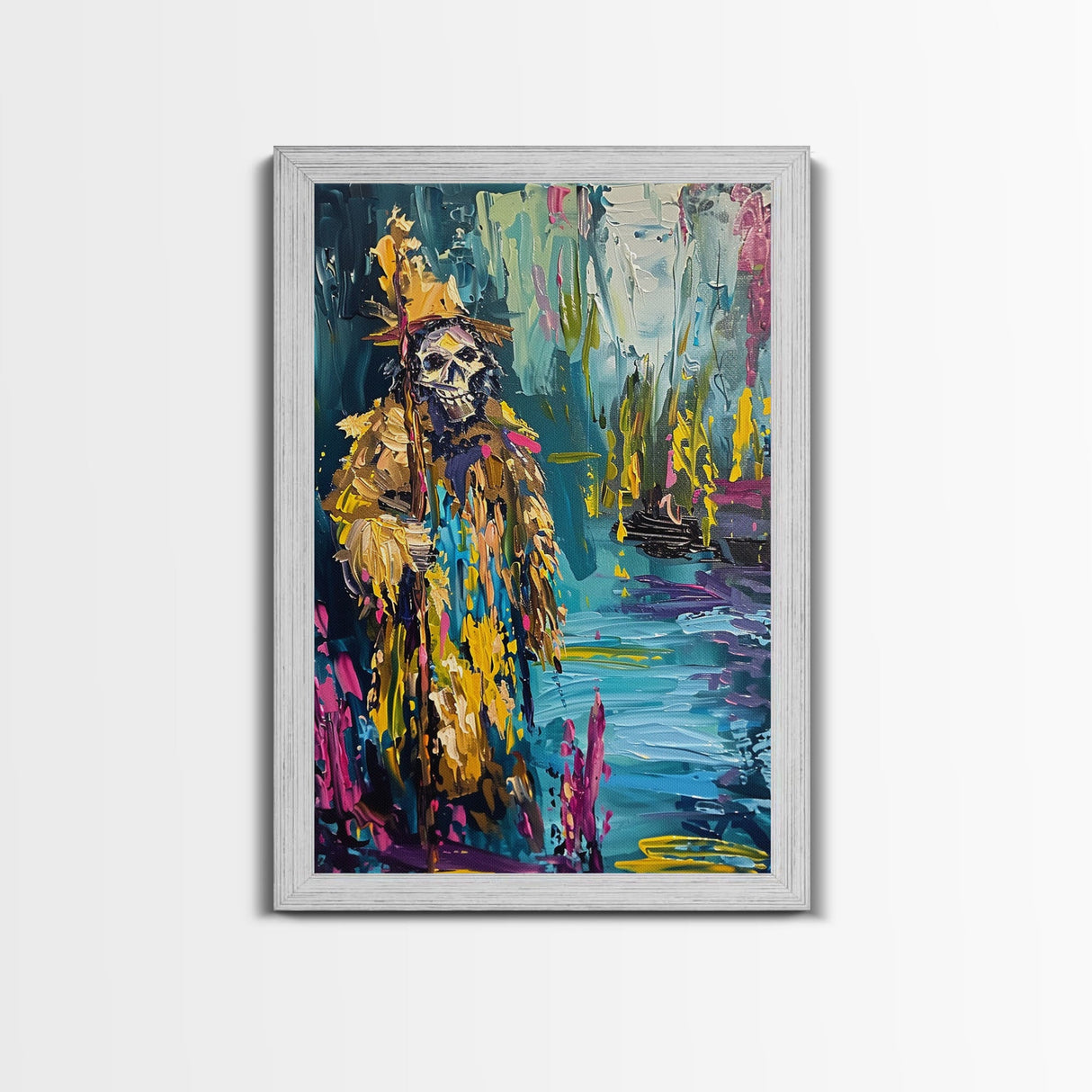 Halloween Skeleton Wizard, Framed Canvas Print, Wall Art, Home Decor, Spooky Artwork, Witchcraft Decor, Fantasy Art, Holiday Decor