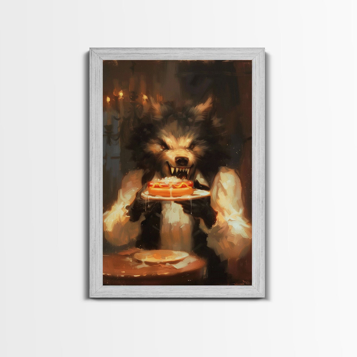 Halloween Werewolf Eating Hotdog, Framed Canvas Print, Wall Art, Spooky Artwork, Fantasy Decor, Halloween Decor, Whimsical Funny Halloween