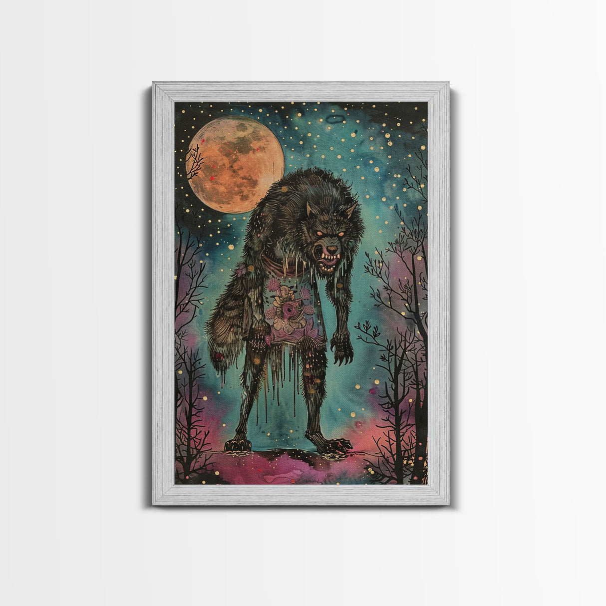 Halloween Spooky Full Moon Werewolf Framed Canvas Print, Wall Art, Living Room Decor, Halloween Decoration, Scary Wall Hanging, Haunted Art