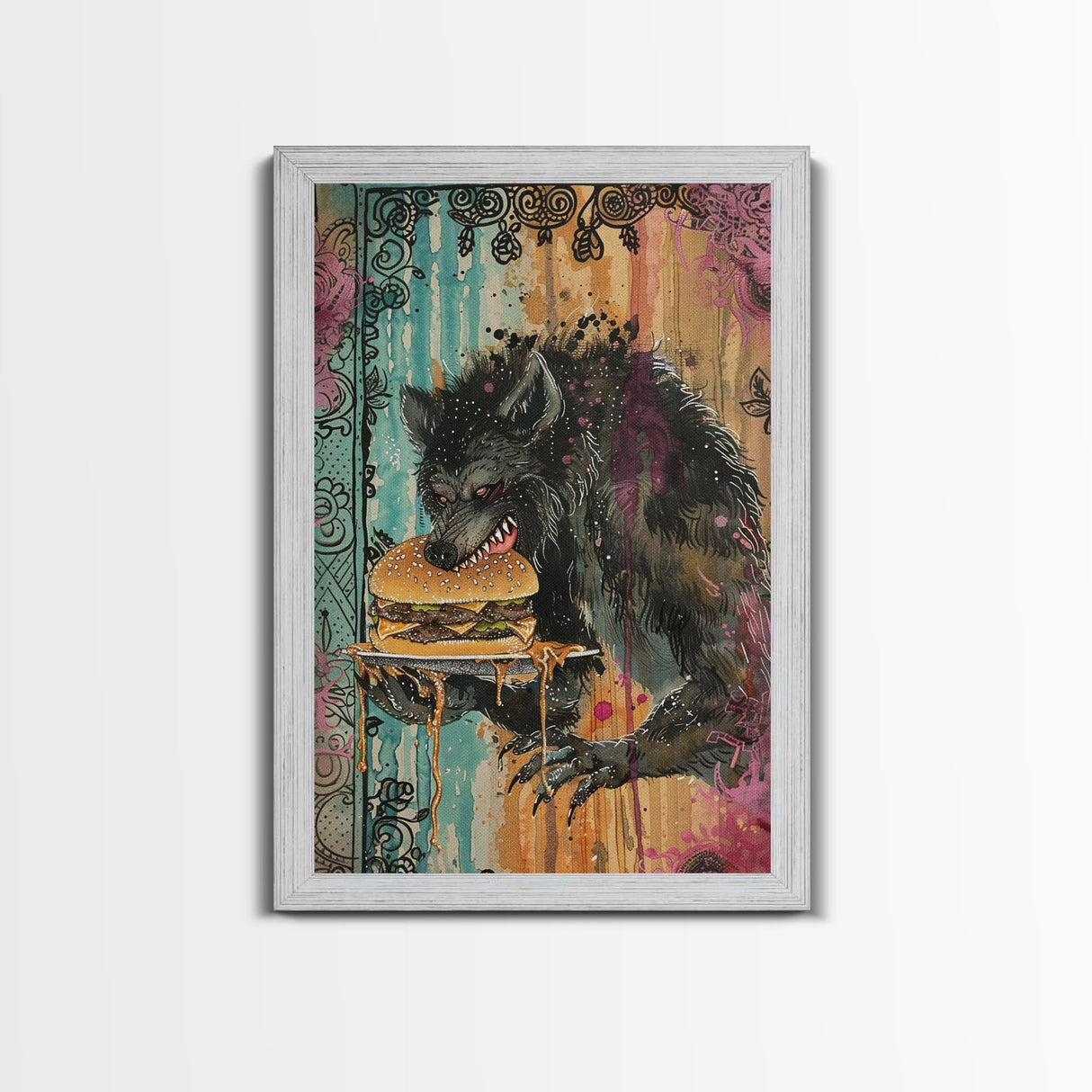 Halloween Creepy Werewolf with Burger Framed Canvas Print, Wall Art, Living Room Decor, Kitchen Art, Unique Halloween Gift, Spooky Decor