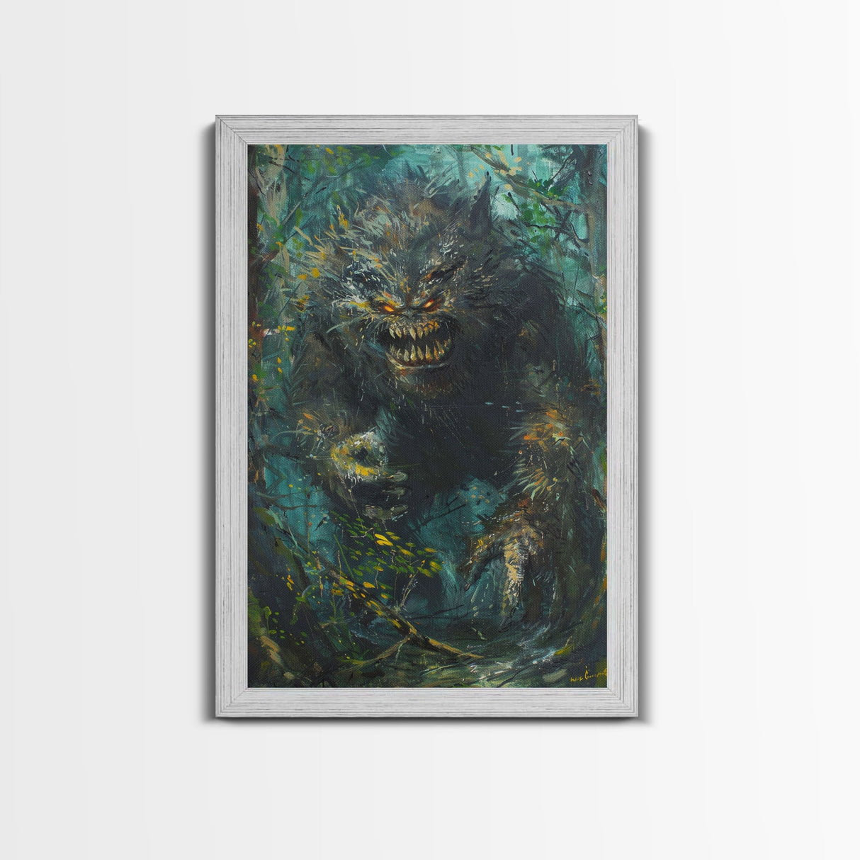Halloween Frightening Forest Beast Framed Canvas Print, Wall Art, Home Decor, Living Room Decoration, Scary Creature Art, Haunted Decor