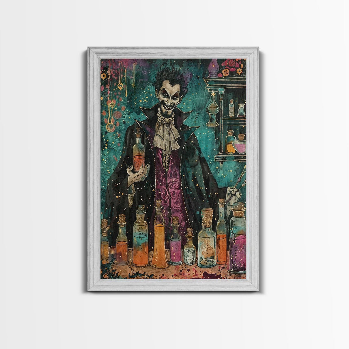 Halloween Frightening Werewolf with Burger Framed Canvas Print, Wall Art, Living Room Decor, Kitchen Art, Unique Halloween Gift Spooky Decor