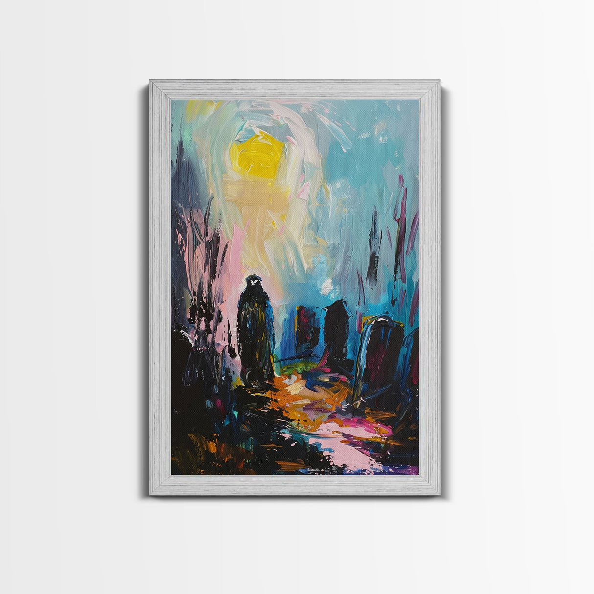 Creepy Haunted Cemetary Framed Canvas Print Halloween Art, Impasto Style Spooky Season Decor