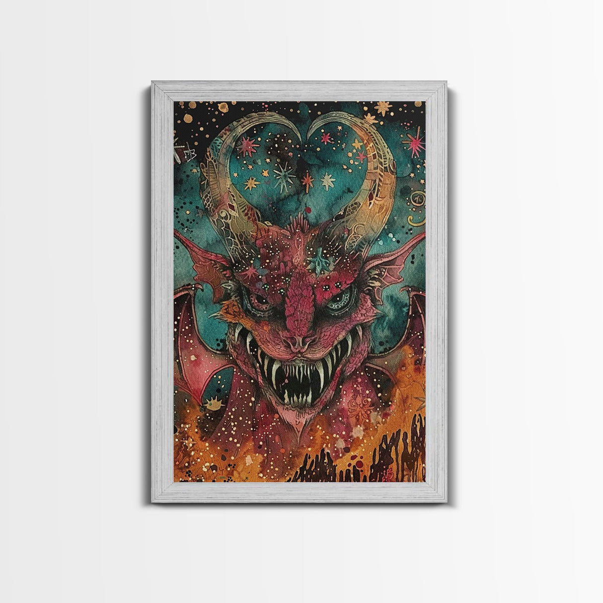 Fantastical Demon with Stars Framed Canvas Print | Halloween Monster Art | Spooky Starry Art | Scary Demon Art for Home Decoration