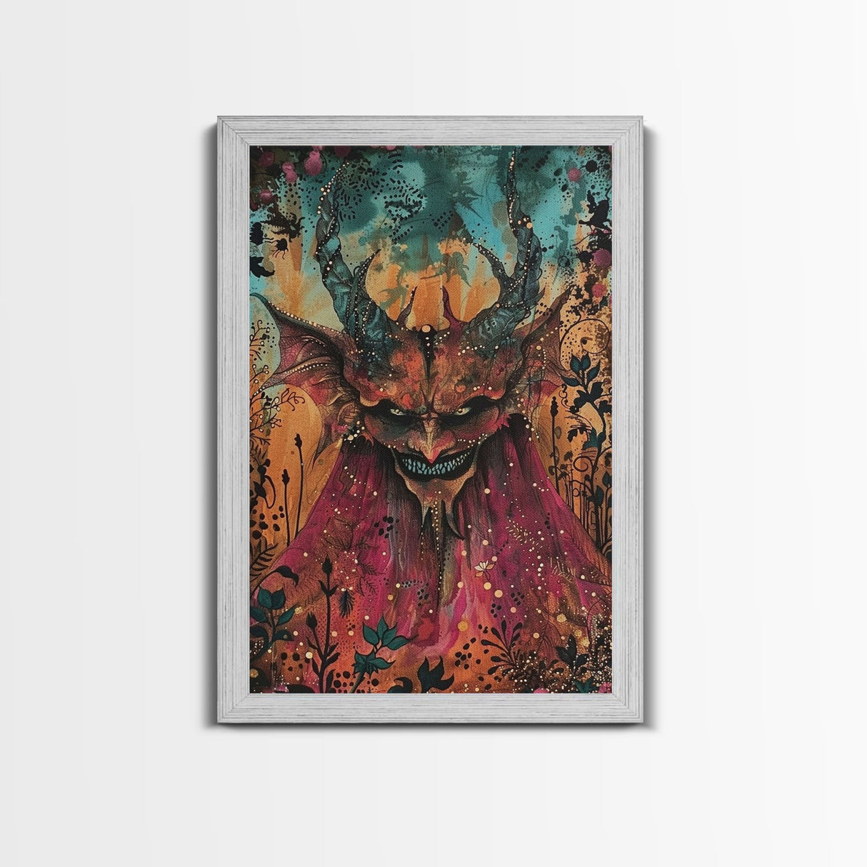 Dark Demon with Menacing Smile Framed Canvas Print, Halloween Art, Creepy Wall Art, Spooky Home Decor, Scary Art, Creepy Living Room Decor