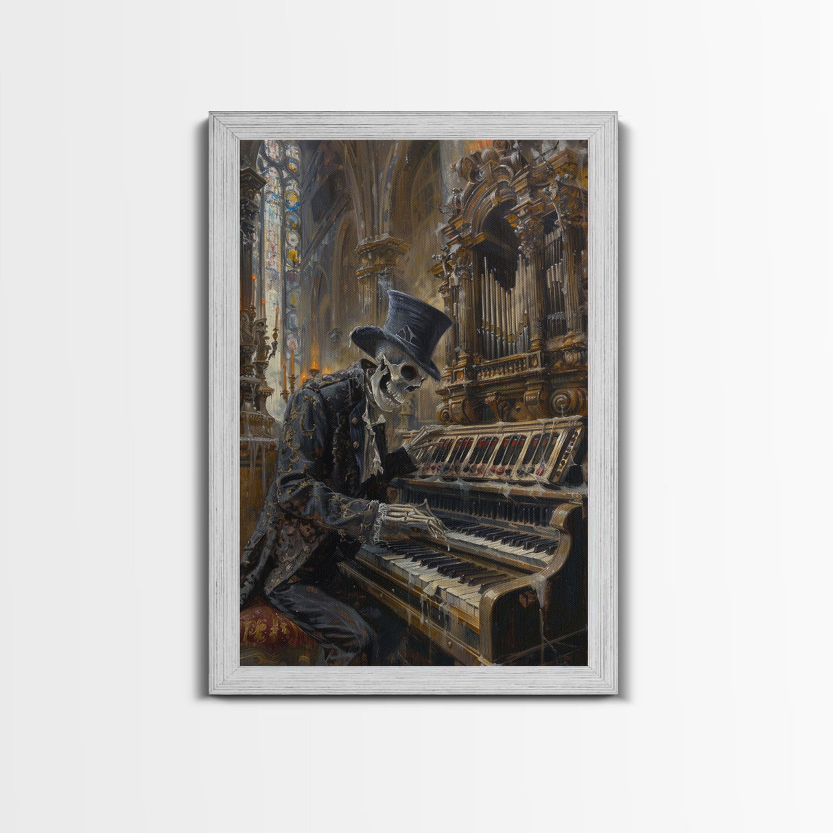 Halloween Skeleton Playing the Organ in Gothic Church - Creepy Skeleton Musician in Haunted Cathedral - Halloween Art Print - Gothic Decor