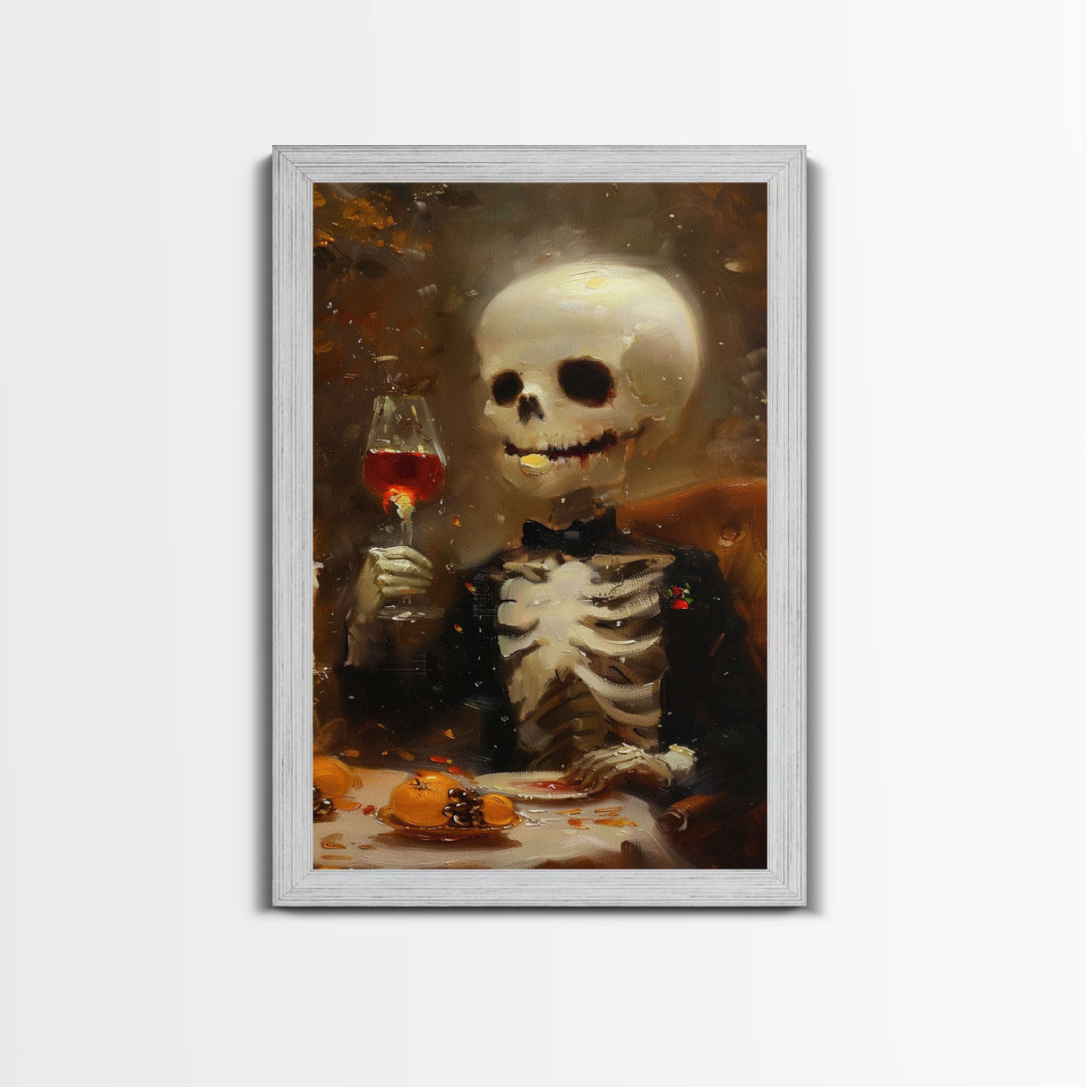 Spooky Skeleton Enjoying a Glass of Wine - Elegant Skeleton Dining - Halloween Art Print - Skeleton Decor - Spooky Art for Halloween Parties