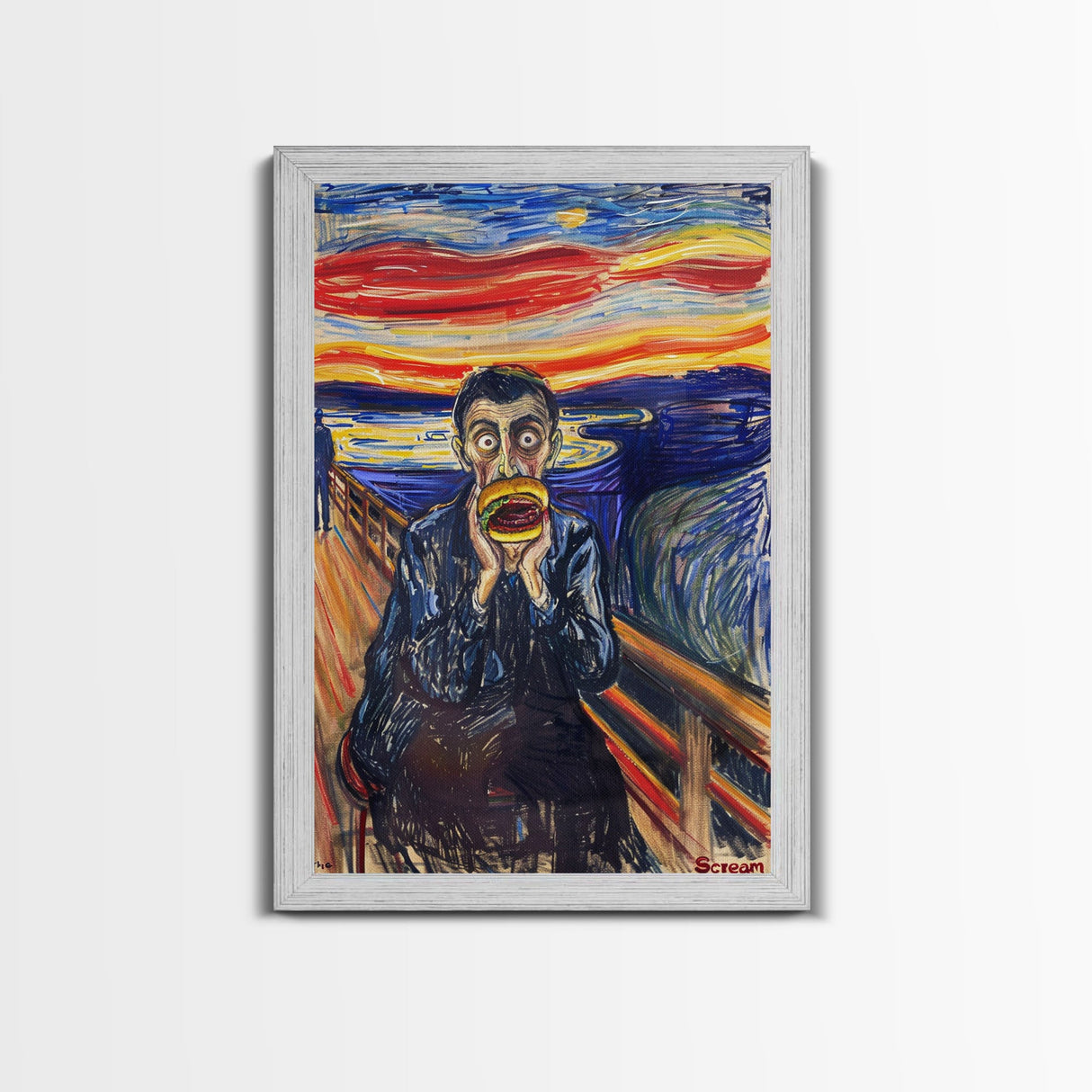 Scream-Inspired Art of a Man Eating a Hamburger, Blending Horror and Humor for a Unique Halloween Wall Art Addition