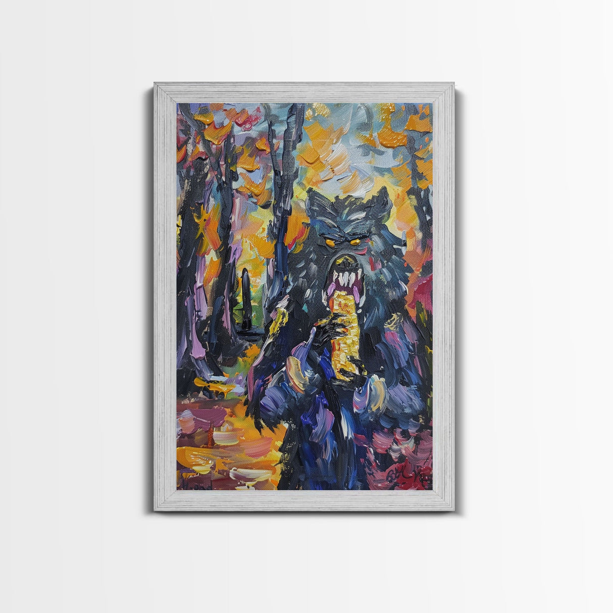 Halloween Art with a Man Holding a Hamburger, Capturing Horror and Humor in One Spooky Wall Art Piece