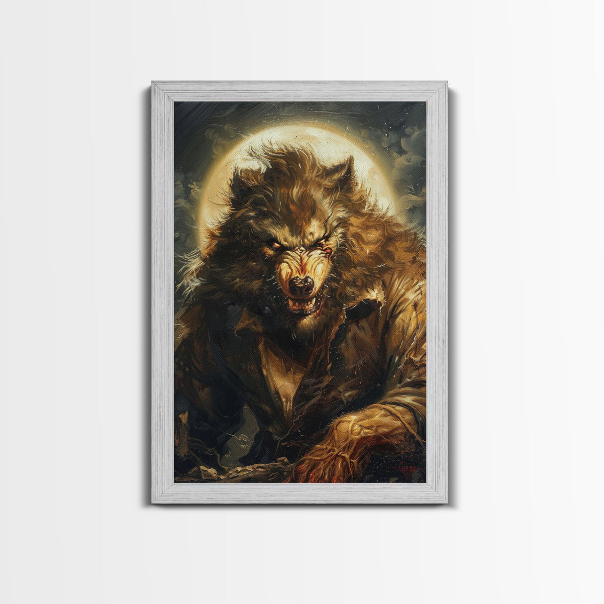 Ferocious Werewolf Under Full Moon Framed Canvas Print | Halloween Monster Art | Spooky Werewolf Decor for Home | Intense Werewolf Artwork