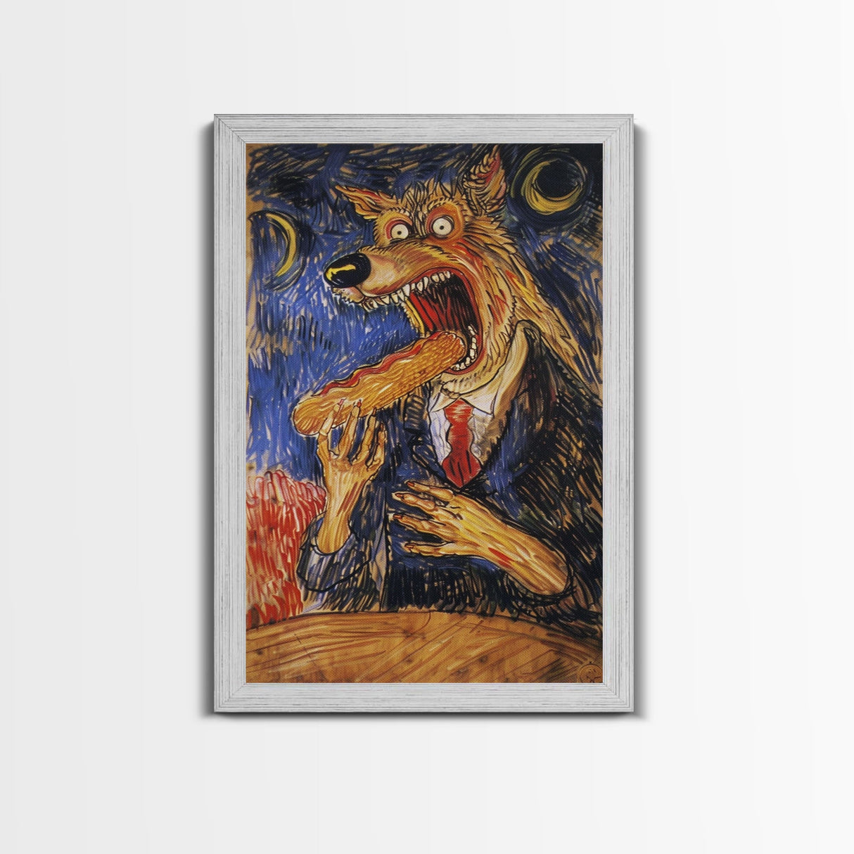 Business Werewolf Eating a Hot Dog, Framed Canvas print, Funny Halloween Art, Spooky Season, The Scream Inspired Funny Art