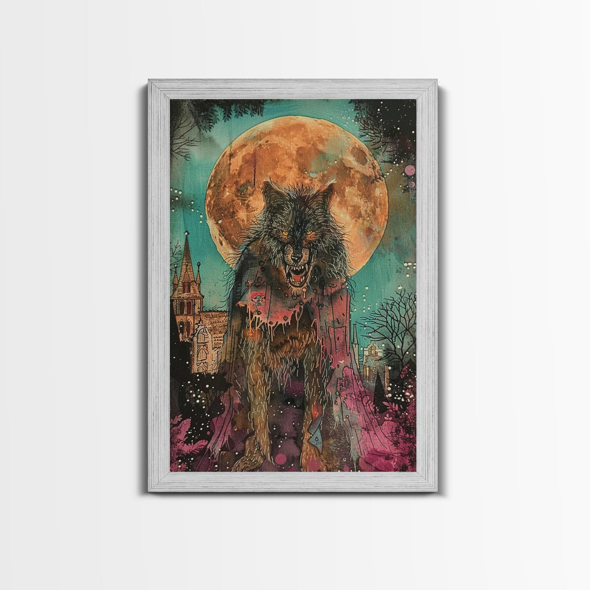 Fierce Werewolf with Blood Moon Framed Canvas Print | Halloween Monster Art | Spooky Werewolf Decor for Home | Intense Full Moon Artwork