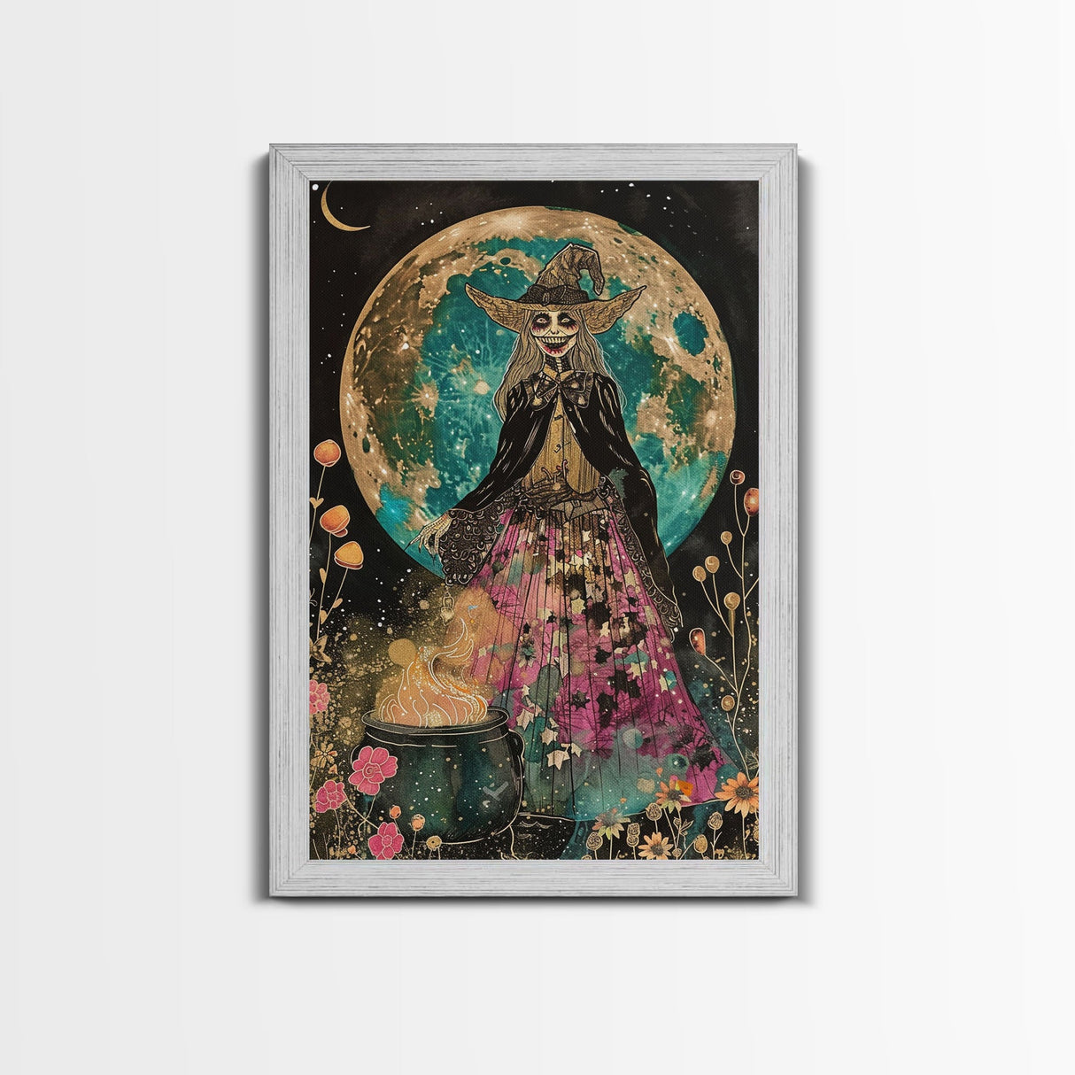 Spooky Witch with Cauldron Under Full Moon Framed Canvas Print | Halloween Witch Art | Witch Decor for Home | Magical Halloween Artwork