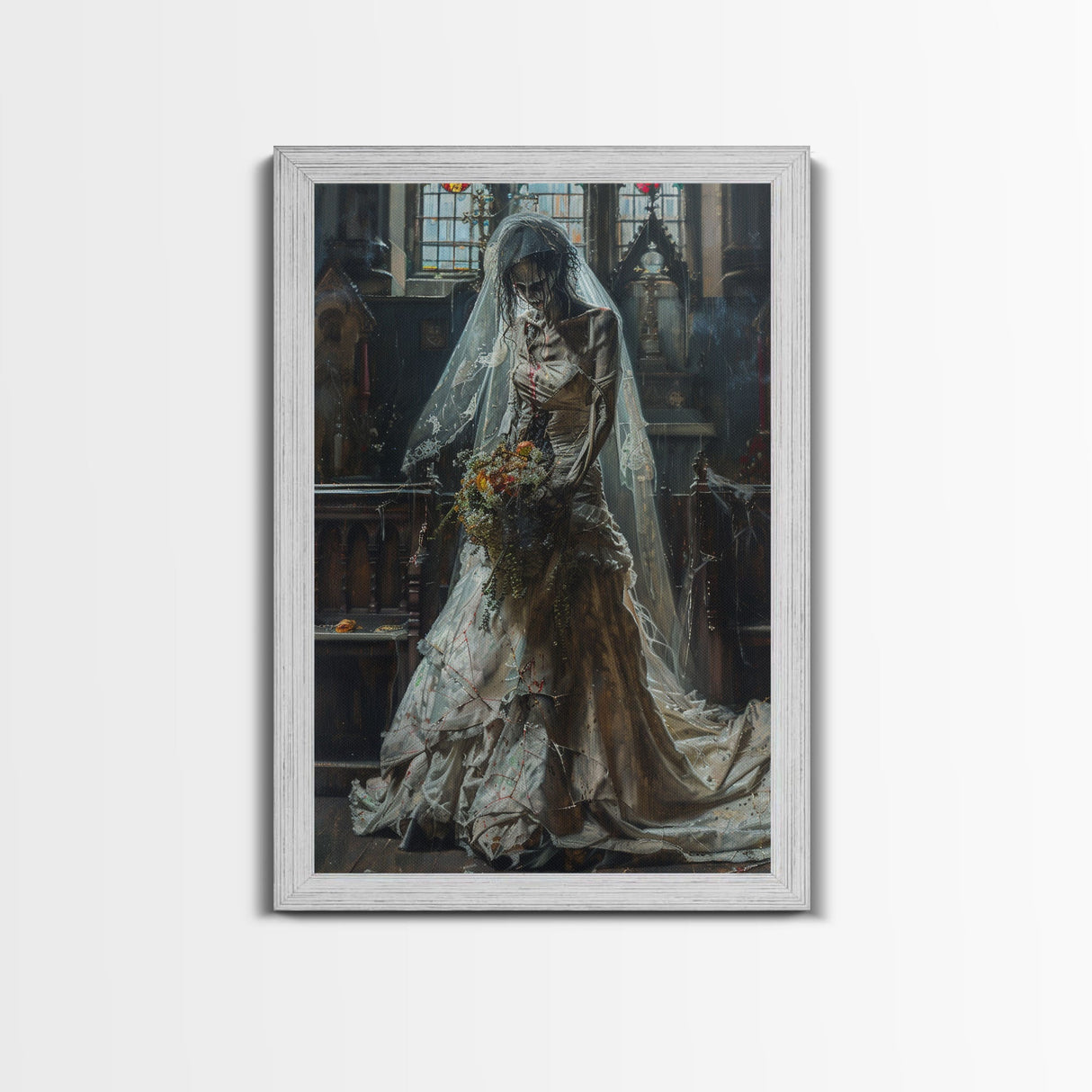 Ghostly Bride in Abandoned Church Framed Canvas Print | Halloween Bride Art | Eerie Bride Decor for Home | Haunted Wedding Artwork