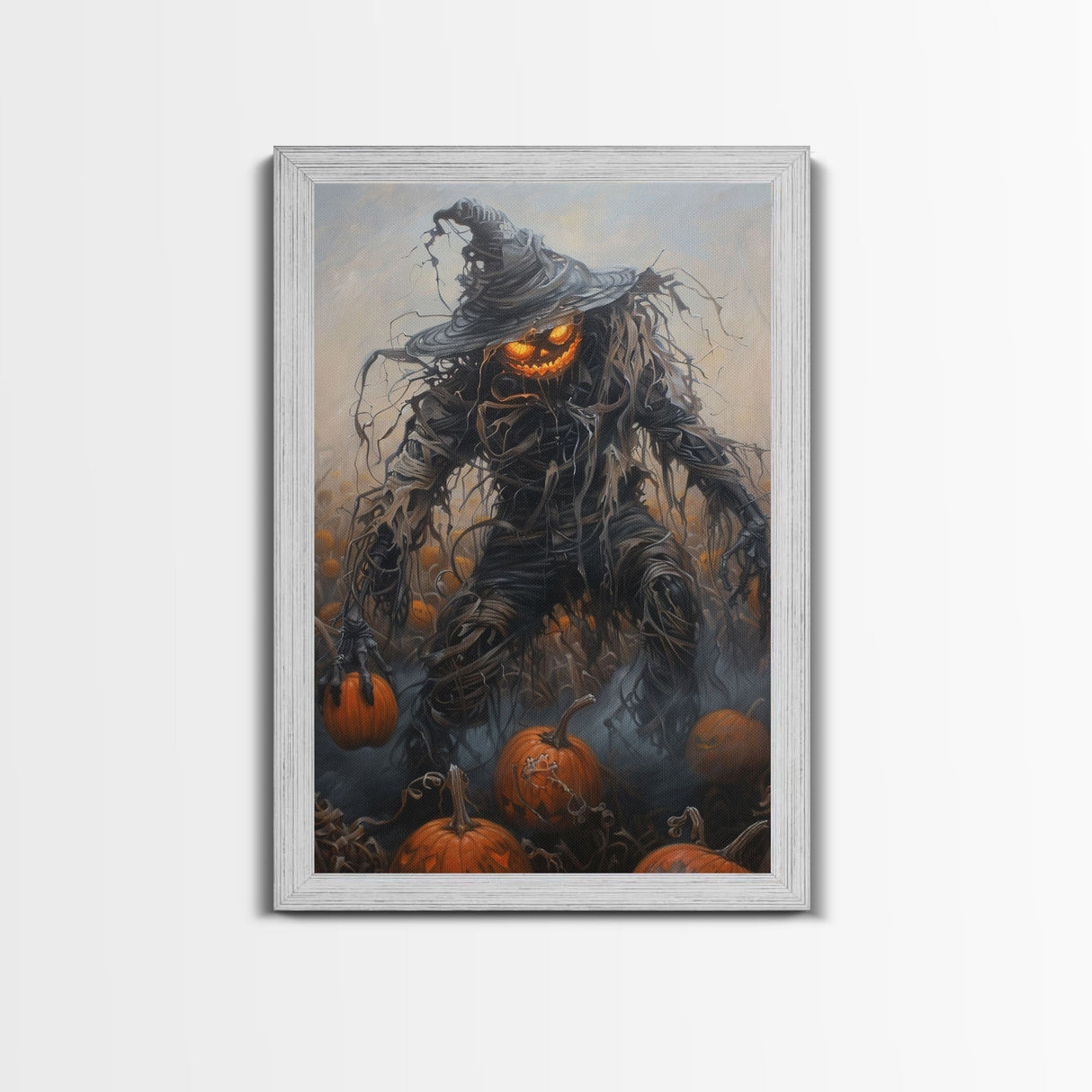 Haunting Scarecrow Holding Pumpkin in Misty Field | Halloween Wall Art | Spooky Home Decor | Creepy Scarecrow Painting | Framed Canvas Print