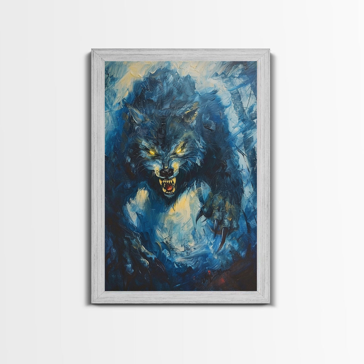 Ferocious Werewolf Growling in Forest | Halloween Wall Art | Spooky Home Decor | Creepy Werewolf Howling Painting | Framed Canvas Print