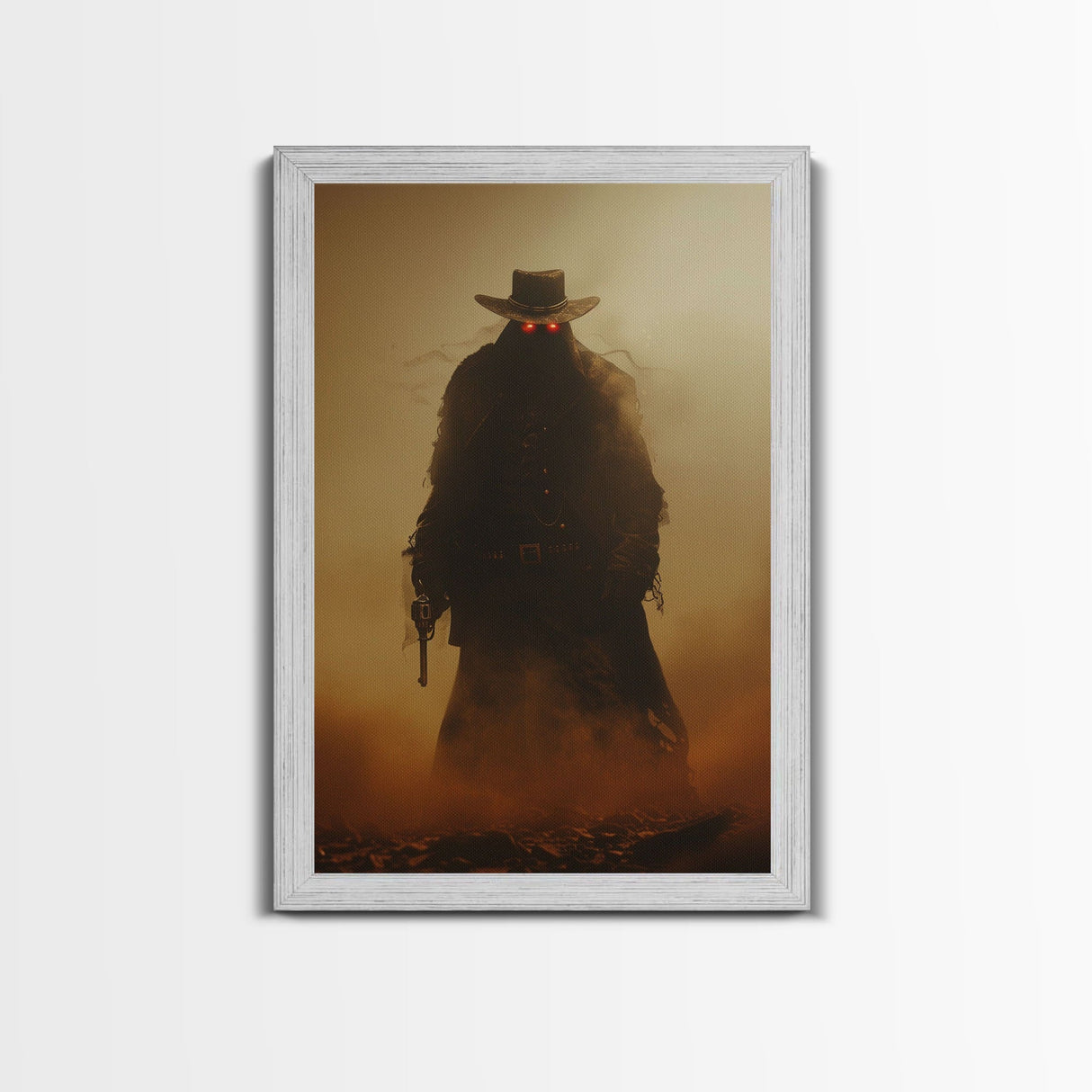Mysterious Cowboy with Glowing Red Eyes in Desert | Halloween Wall Art | Spooky Home Decor | Creepy Cowboy Painting | Framed Canvas Print