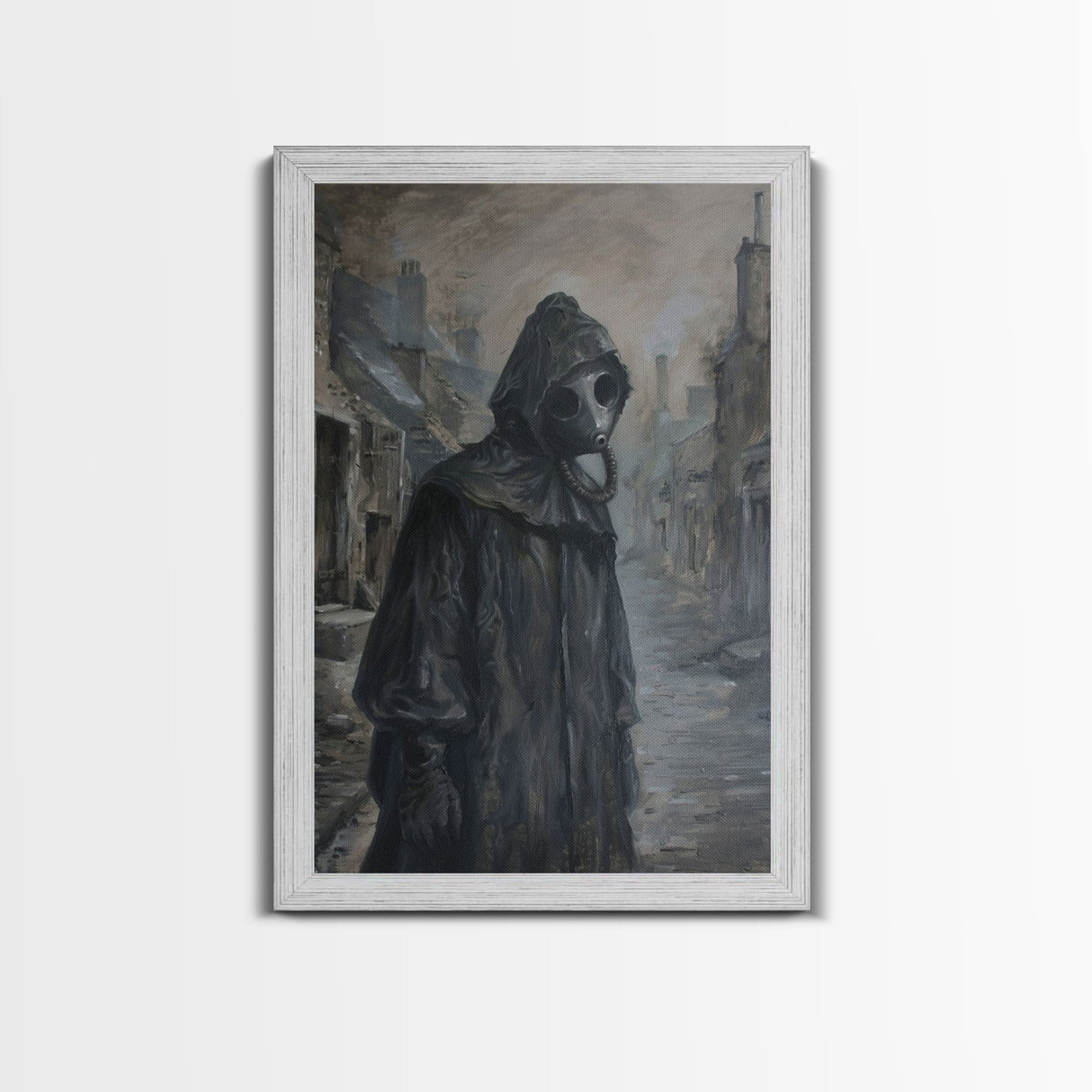 Plague Doctor in Abandoned Town | Halloween Wall Art | Spooky Home Decor | Creepy Plague Doctor Painting | Framed Canvas Print