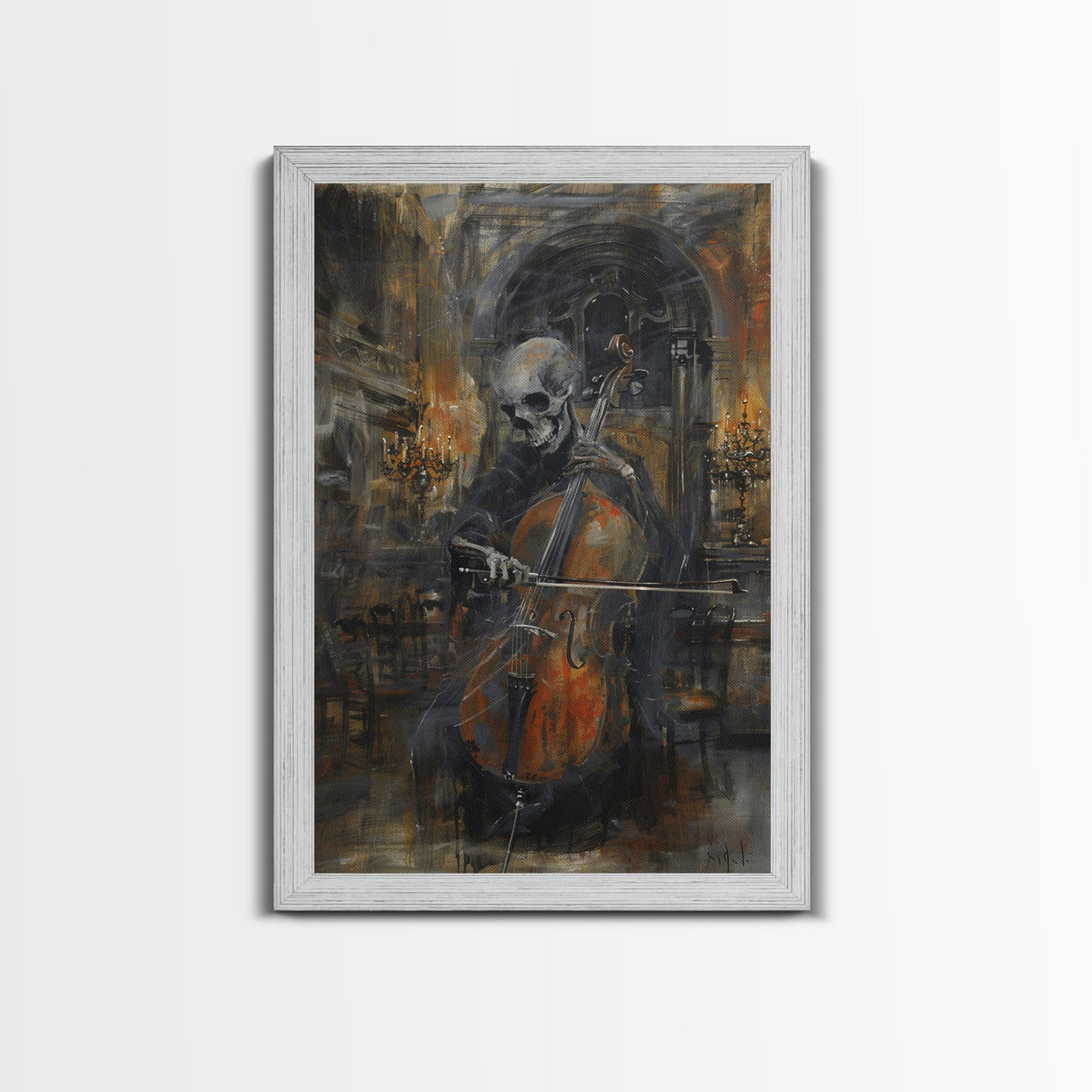 Skeleton Cellist in Gothic Cathedral | Halloween Wall Art | Spooky Home Decor | Creepy Skeleton Musician Painting | Framed Canvas Print