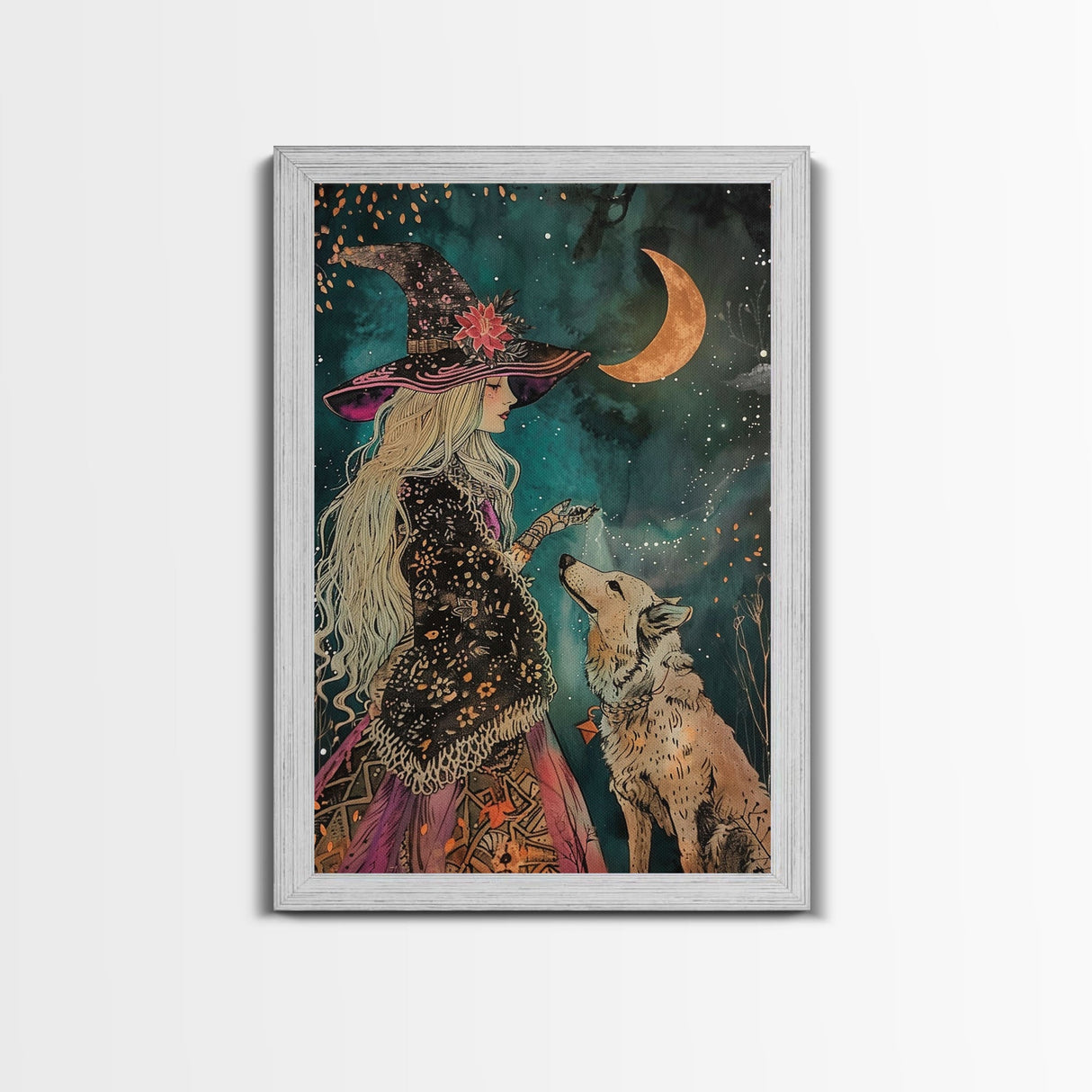 Mystical Witch and Wolf Under Crescent Moon - Halloween Wall Art - Spooky Home Decor - Perfect Halloween Gift - Witch and Wolf Painting