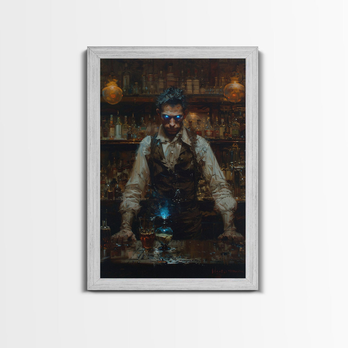 Mysterious Bartender with Glowing Eyes - Halloween Wall Art - Spooky Home Decor - Creepy Bar Scene - Unique Halloween Decoration
