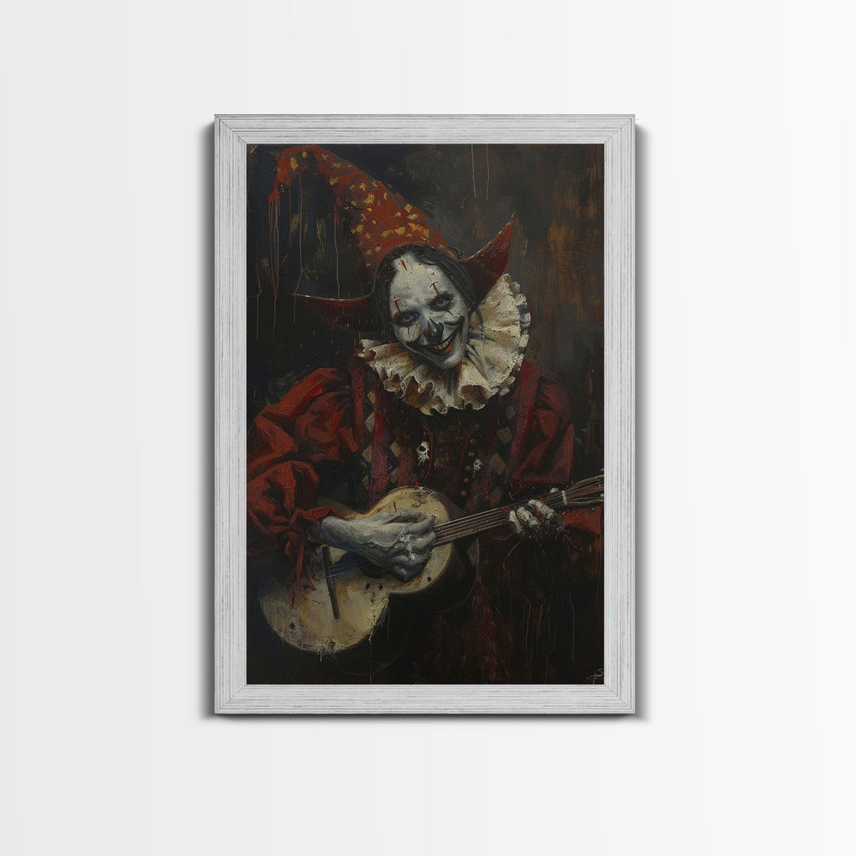 Creepy Clown Playing Guitar, Framed Canvas Print, Spooky Circus Art, Halloween Wall Decor, Horror Clown Illustration, Creepy Home Decor