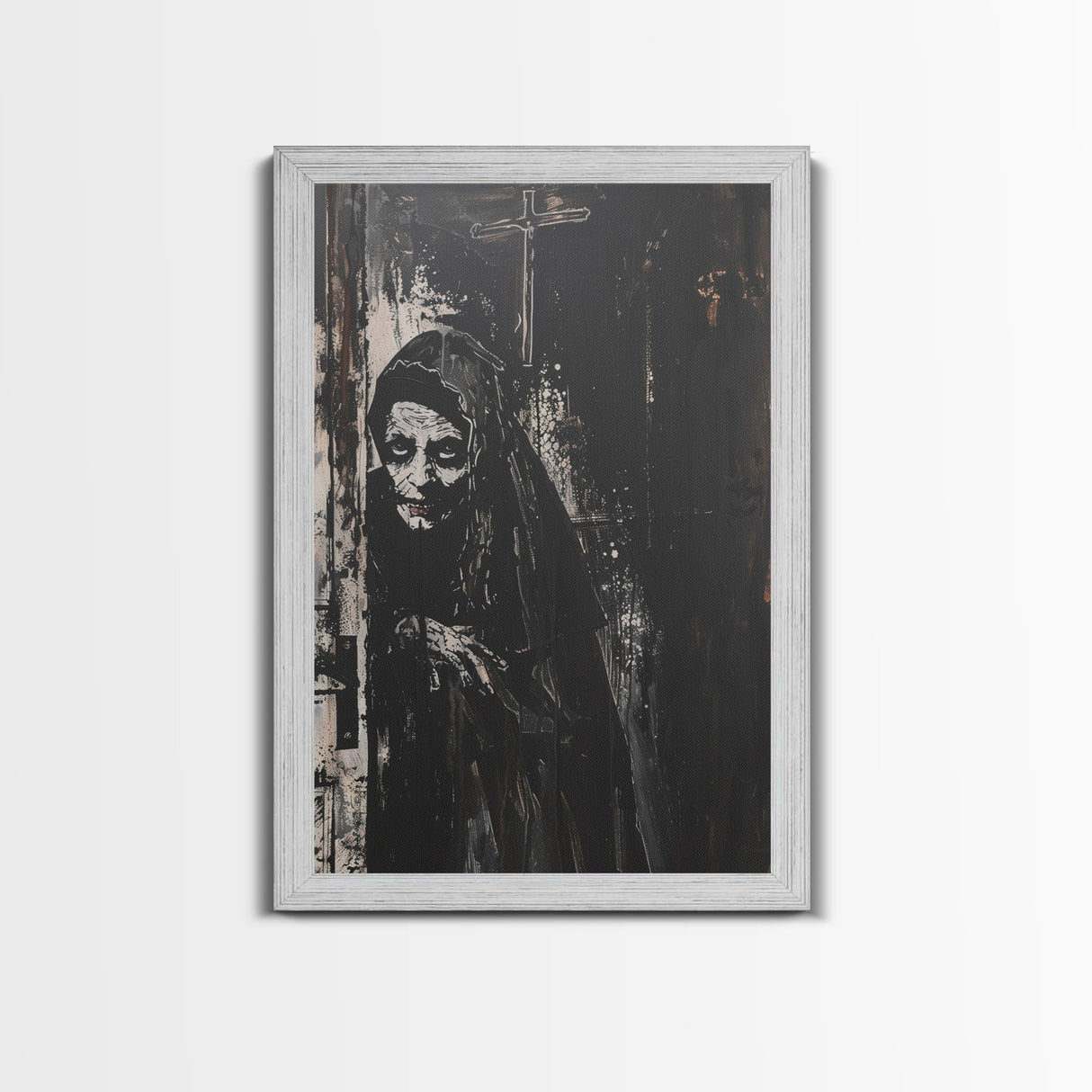 Haunted Nun with Eerie Expression, Framed Canvas Print, Gothic Halloween Art, Spooky Religious Decor, Scary Nun Painting, Gothic Home Art