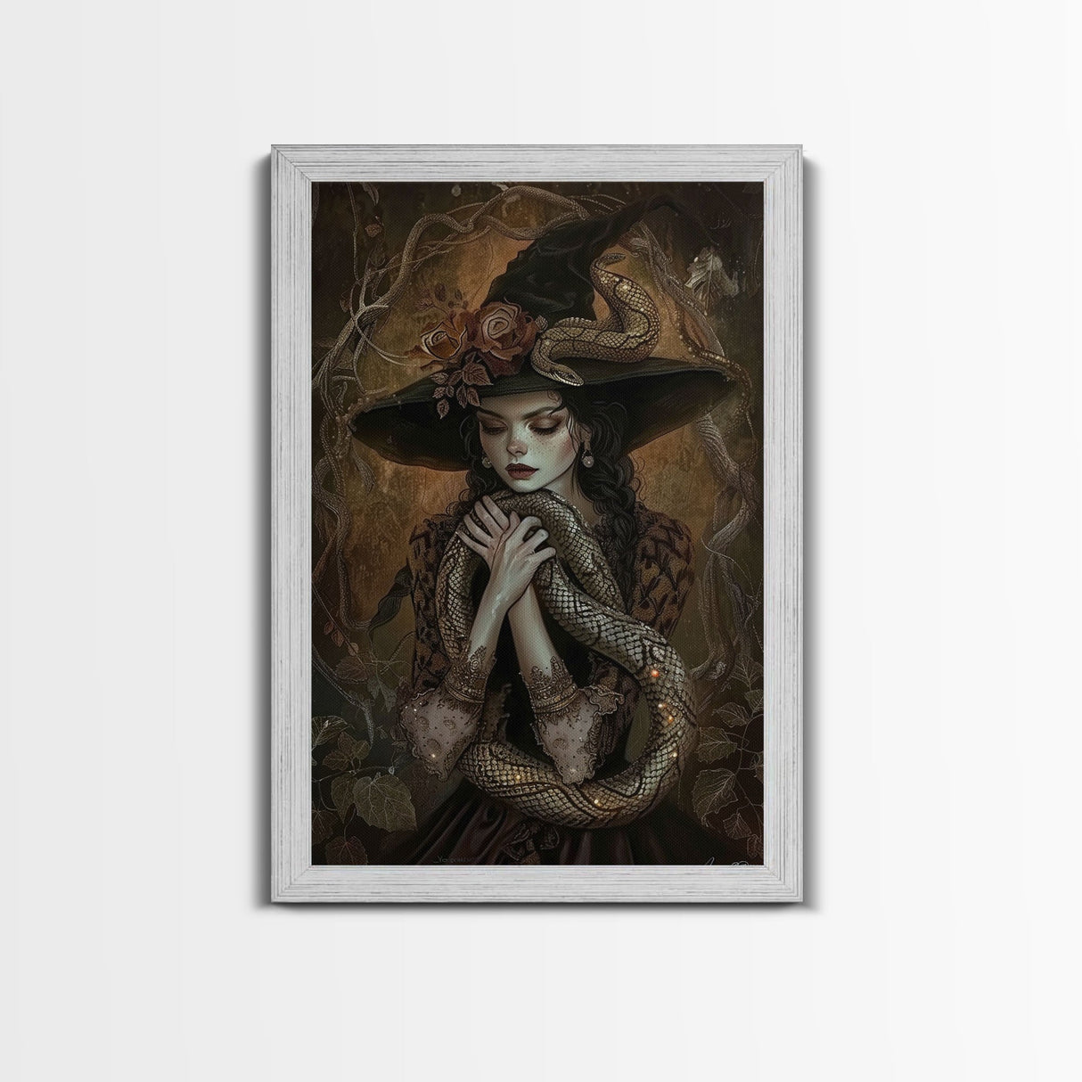 Mysterious Witch Holding Snake, Framed Canvas Print, Gothic Witch Art, Dark Fantasy Decor, Witch and Serpent, Halloween Accessories