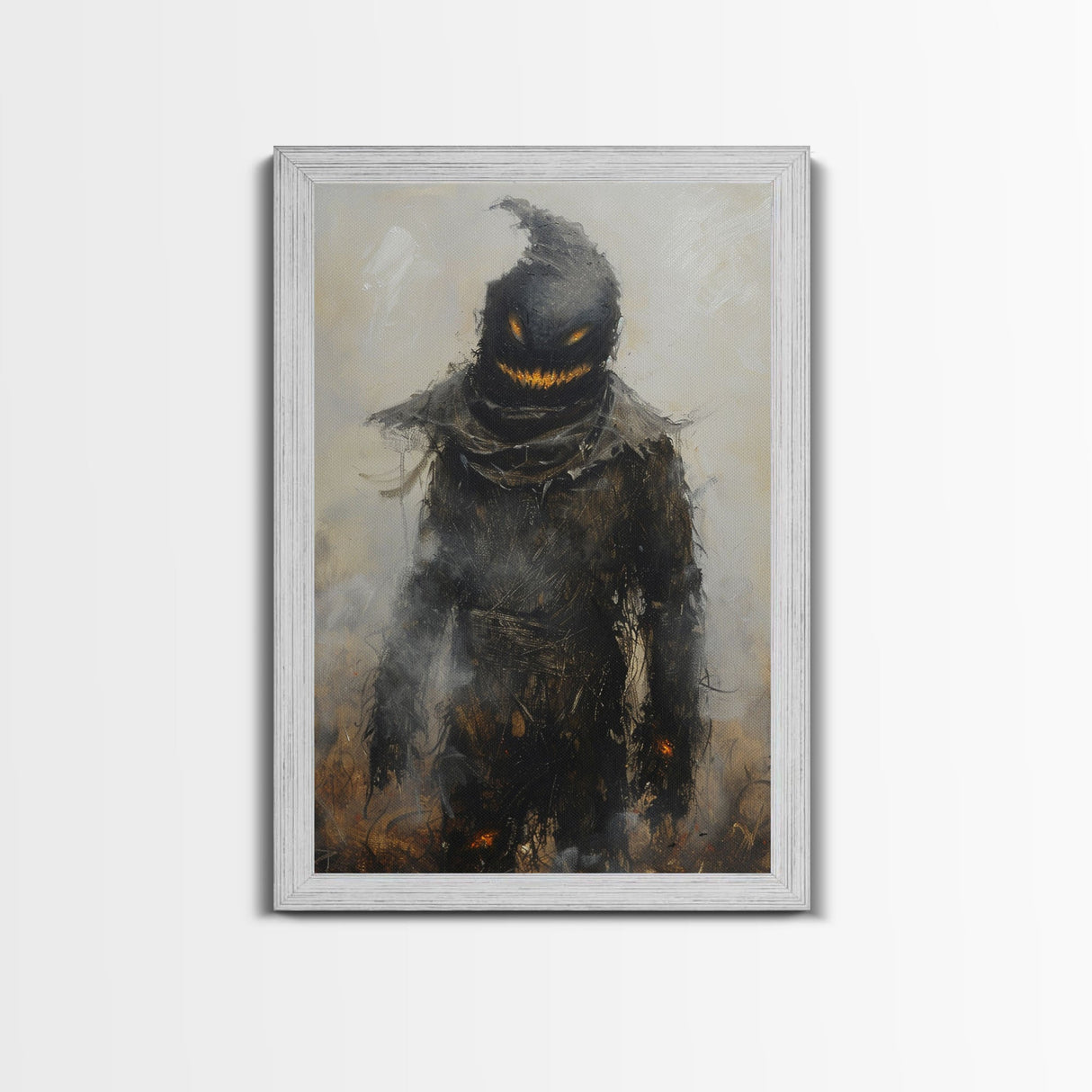 Scarecrow with Glowing Eyes in Dark Field, Framed Canvas Print, Halloween Scarecrow Art, Spooky Farm Decor, Creepy Harvest Illustration