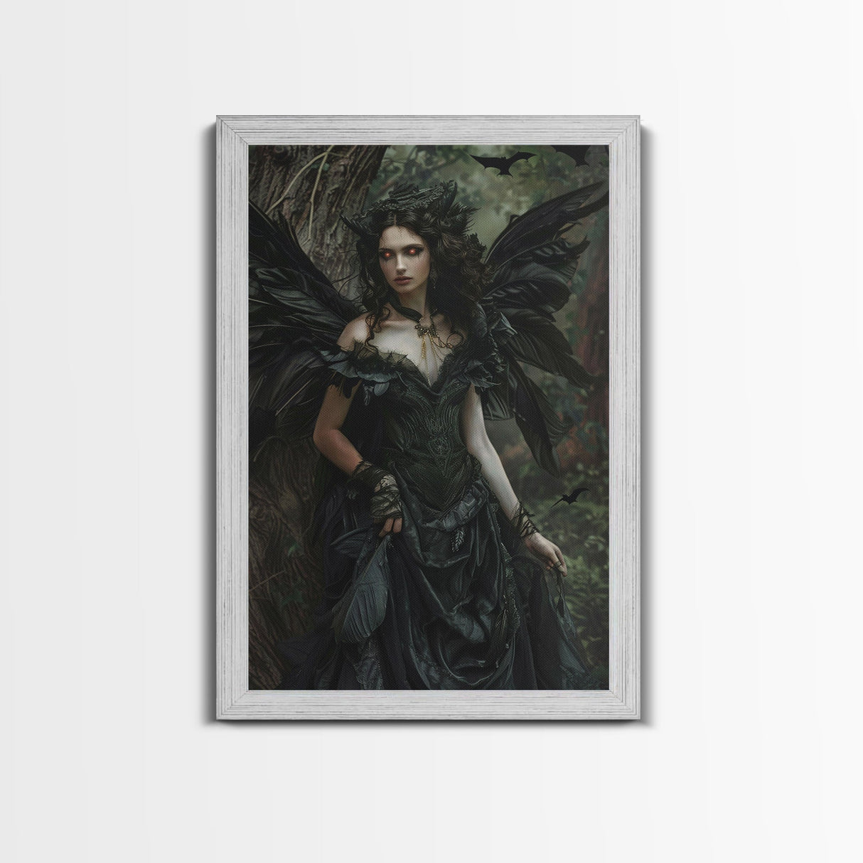Dark Angel with Glowing Eyes in Haunted Forest - Mysterious Gothic Framed Canvas Print, Halloween Wall Art Decor