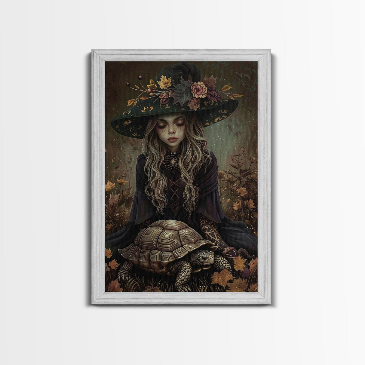 Mystical Witch with Deer in Enchanted Forest - Halloween Art Framed Canvas Print, Spooky Home Wall Decor