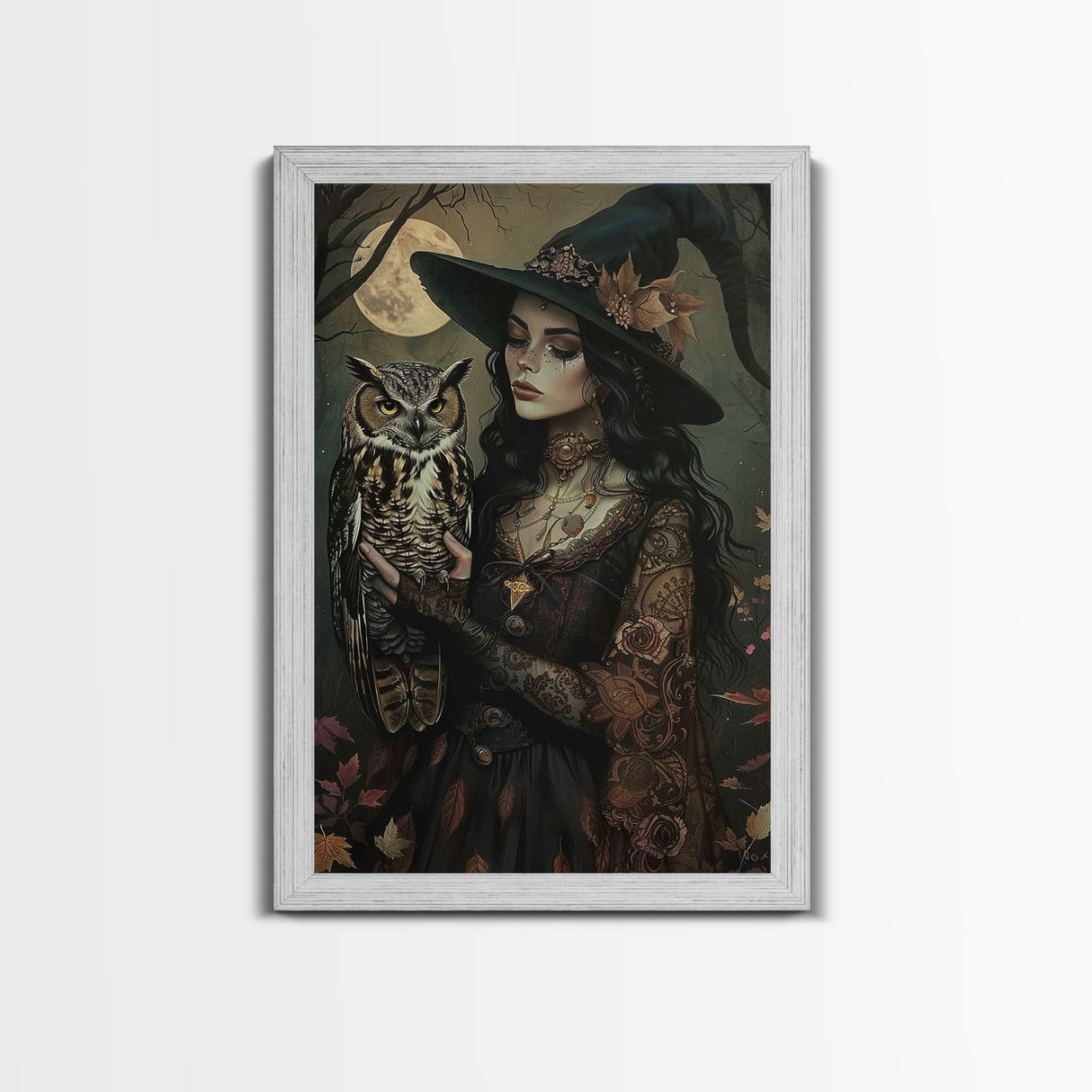 Mysterious Witch with Owl Companion - Moonlit Enchantment, Mystical Beauty Framed Canvas Print, Halloween Wall Art