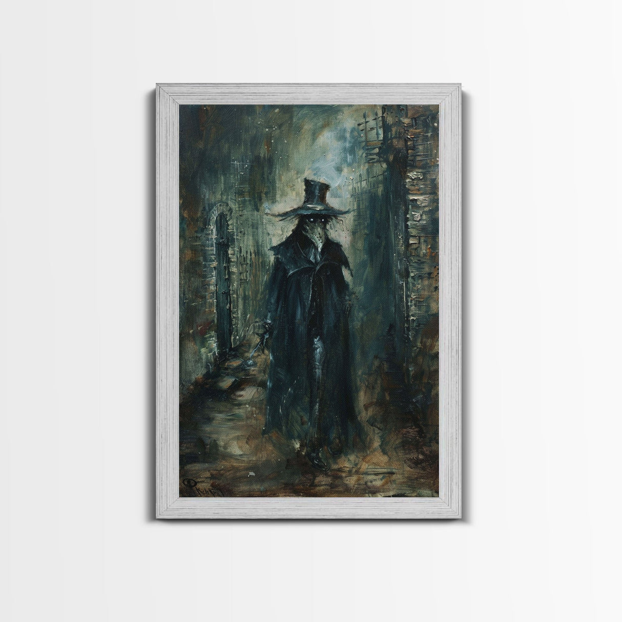 Ghostly Figure in Victorian Attire - Eerie Night Stalker Gothic Art Framed Canvas Print, Halloween Haunted House Decor